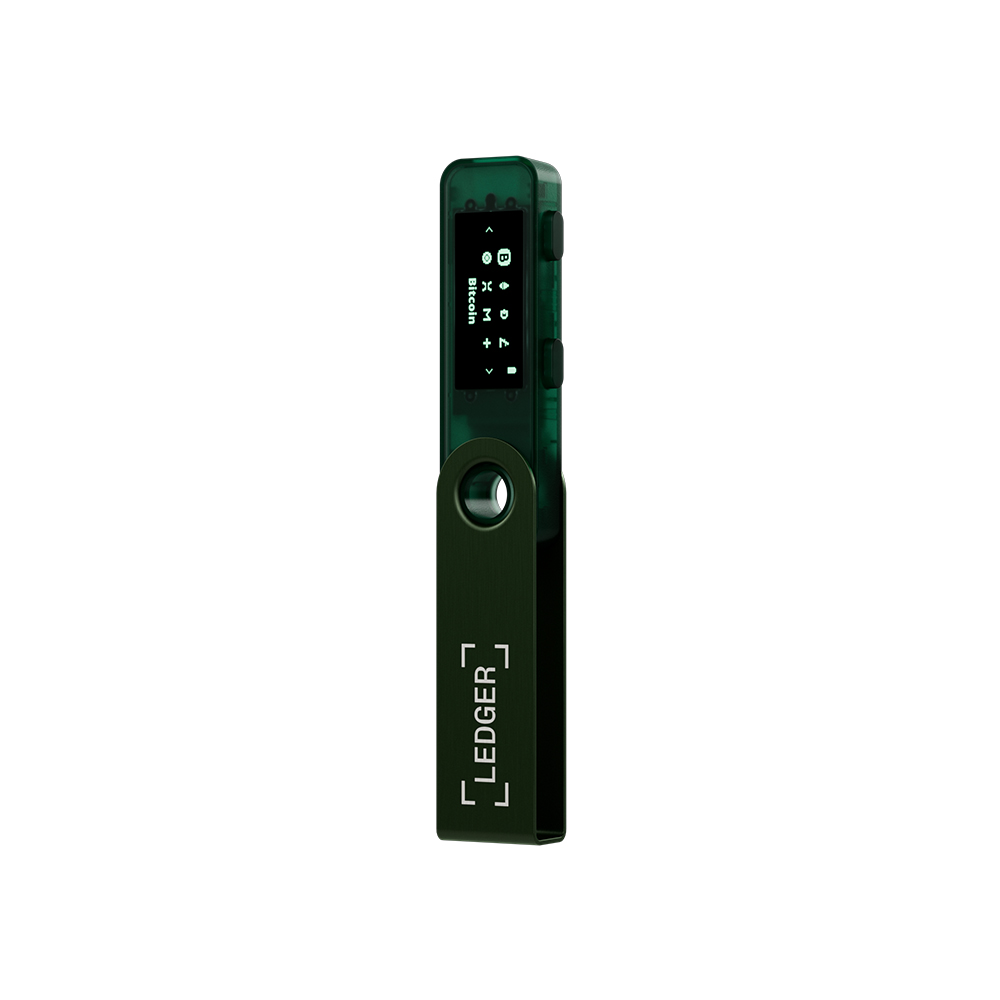 Yeşil Ledger kripto cüzdanı. Ekranı ve bir düğmesi olan küçük bir cihaz.