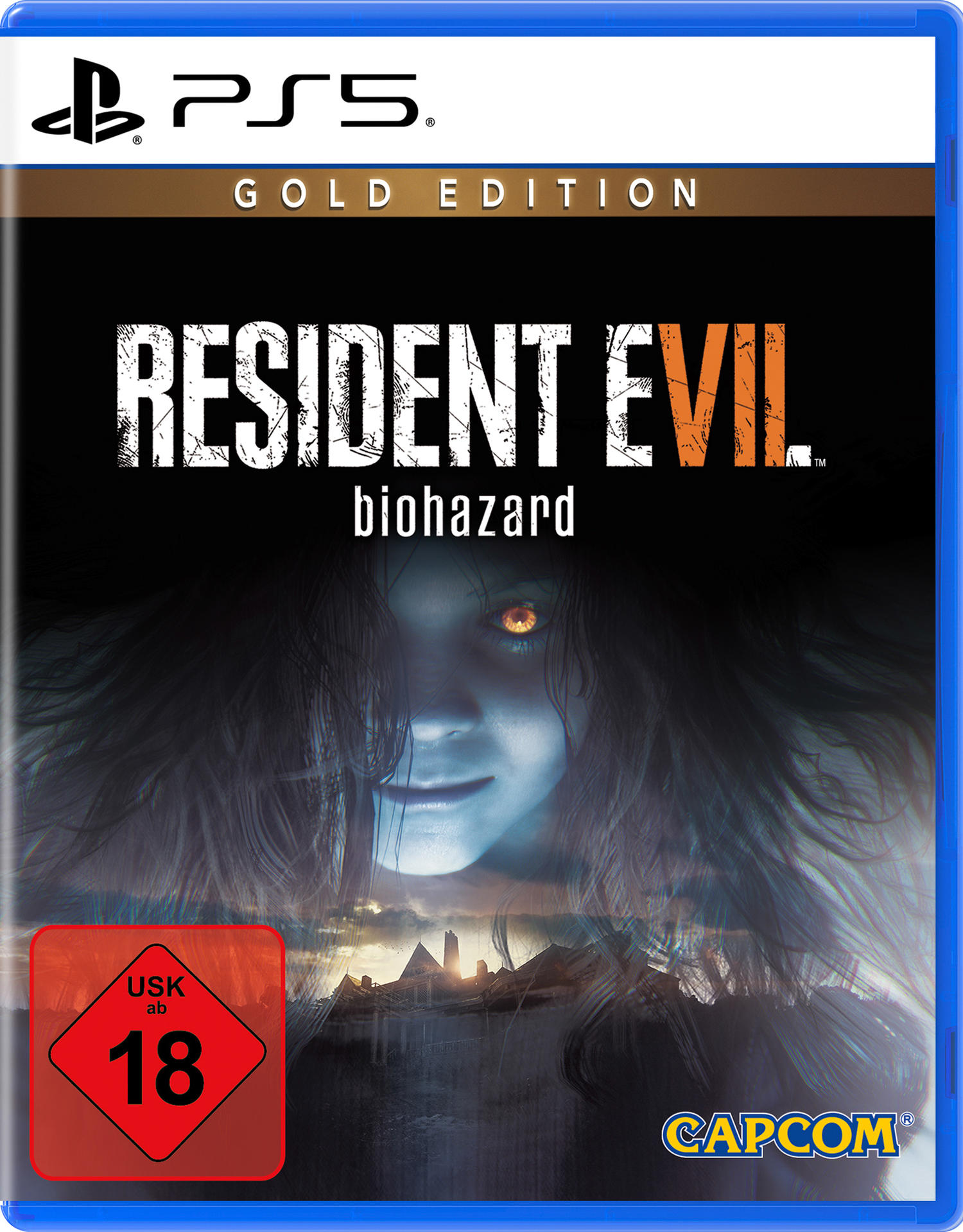 PS5 Gold Edition Spielcover: Resident Evil VII, Frauengesicht.