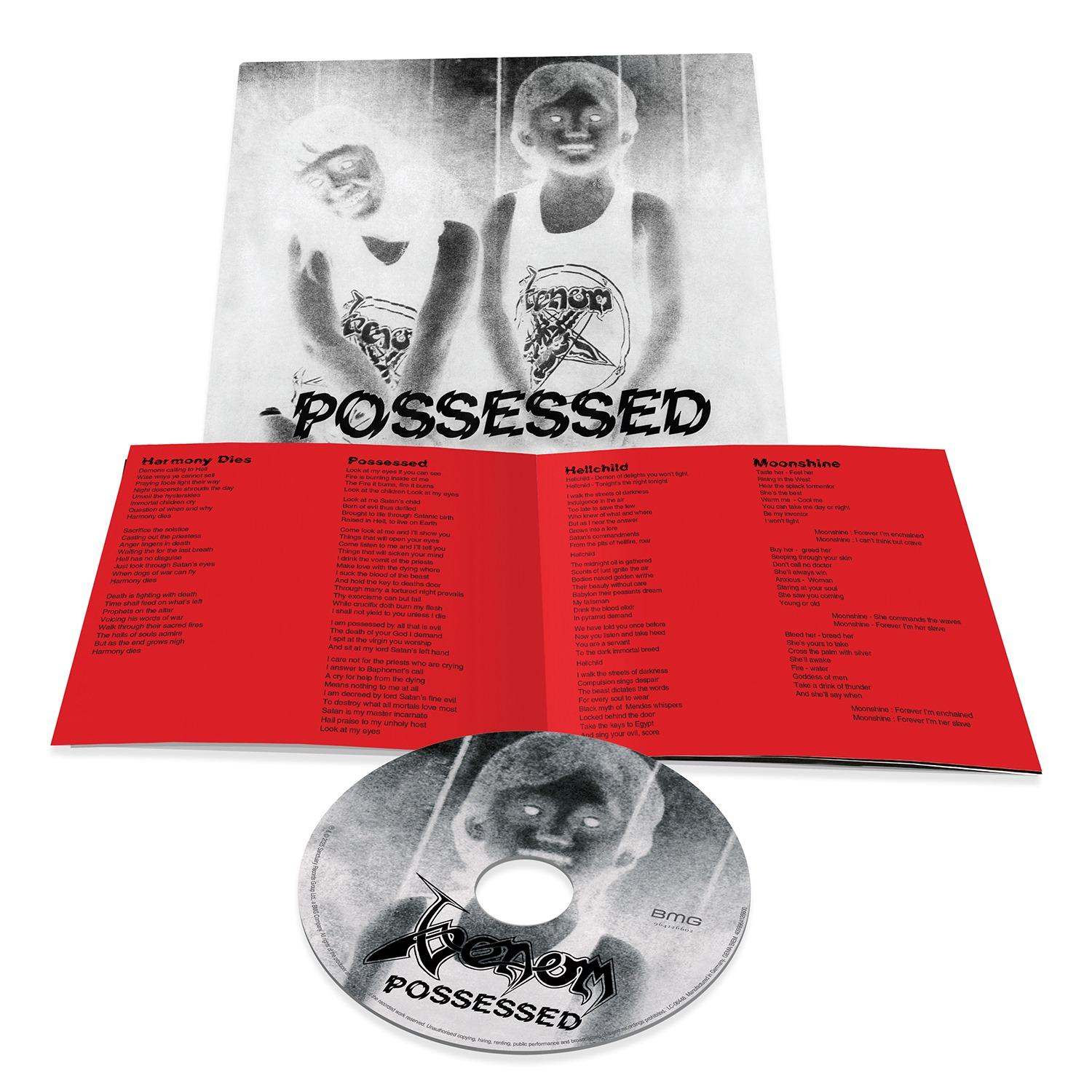 CD und Booklet mit der Band 'Venom' und dem Album 'Possessed', weißer Hintergrund.
