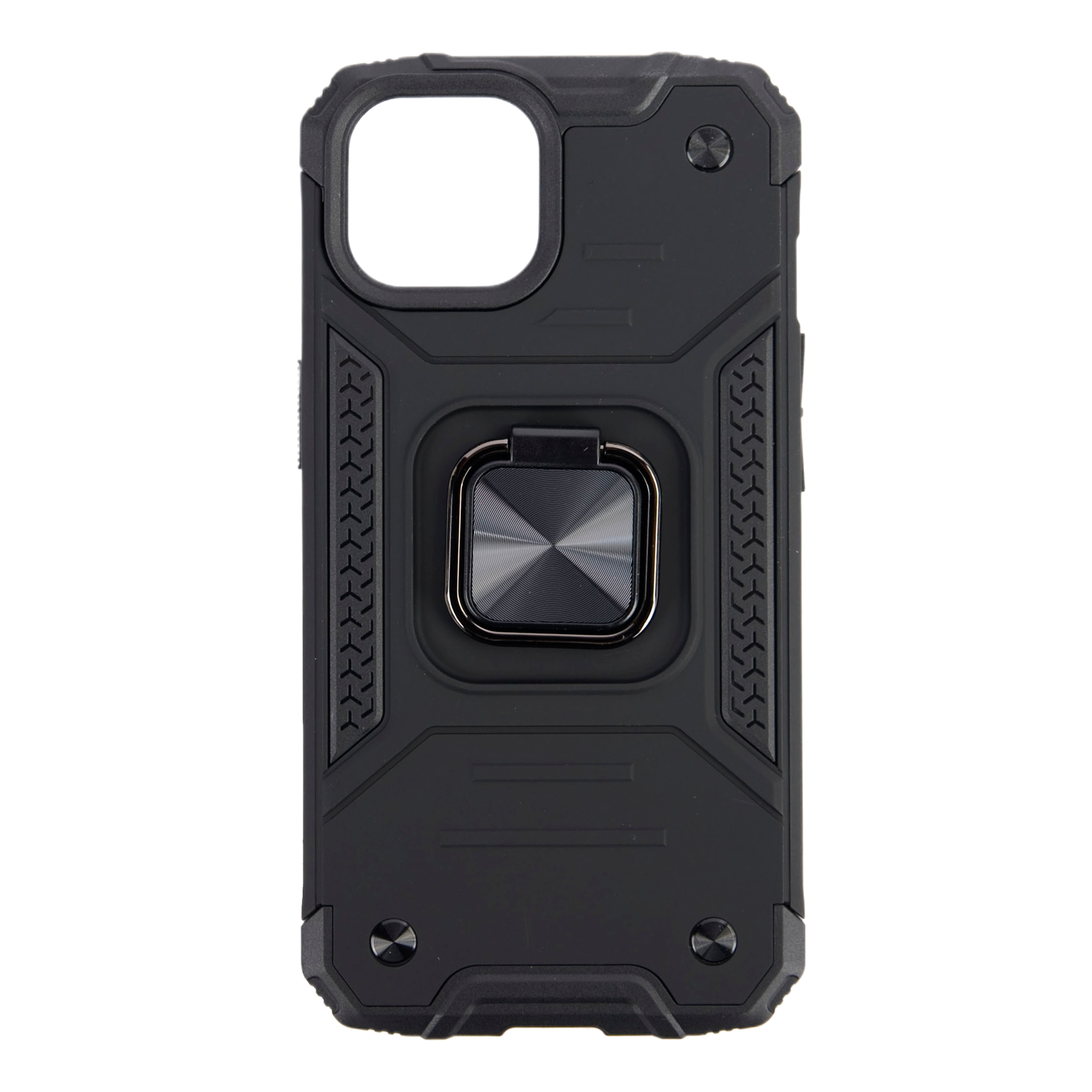 Zwarte telefoonhoes met een ringhouder. Robuust design en zwarte accenten. De achtergrond is zwart.