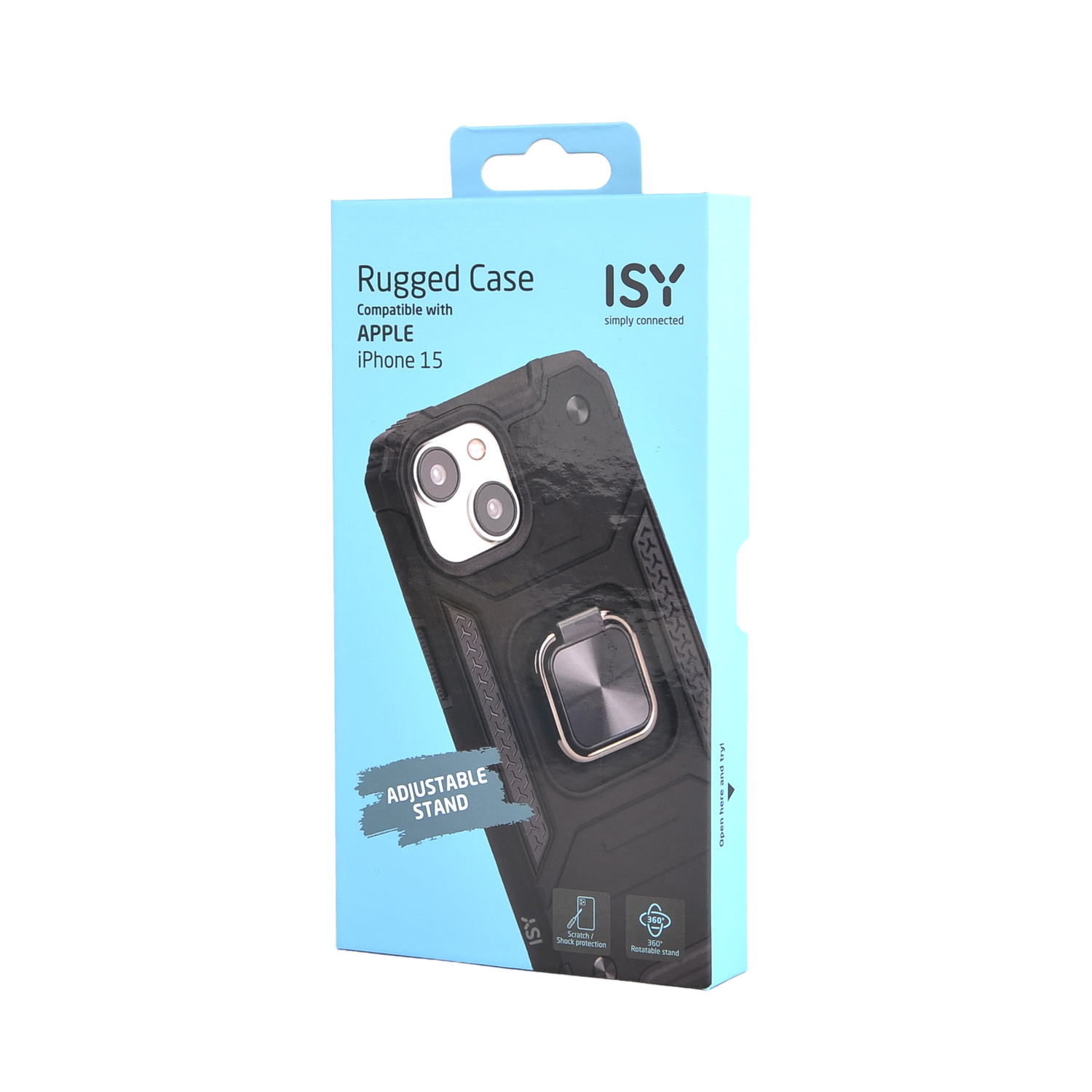 Blauwe en zwarte telefoonhoesjesdoos met een hoesje erin. Tekst zegt 'Rugged Case' en 'Adjustable Stand'.