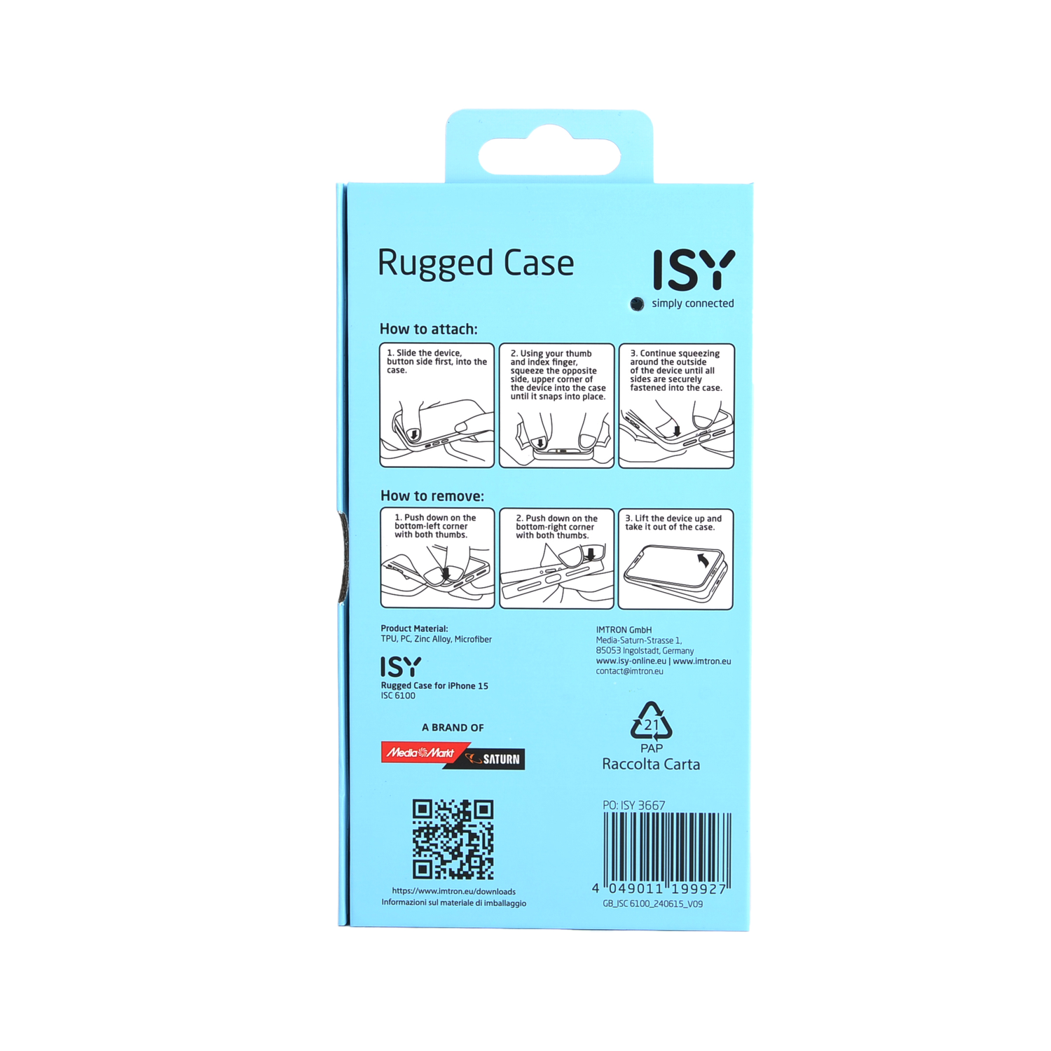 Blauwe en witte telefoonhoesjesdoos met instructies en een QR-code. Het merk is ISY.