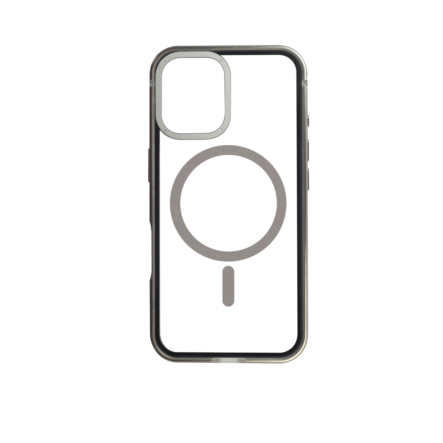 Clear phone case with a silver MagSafe ring and camera cutout, isolated on black.