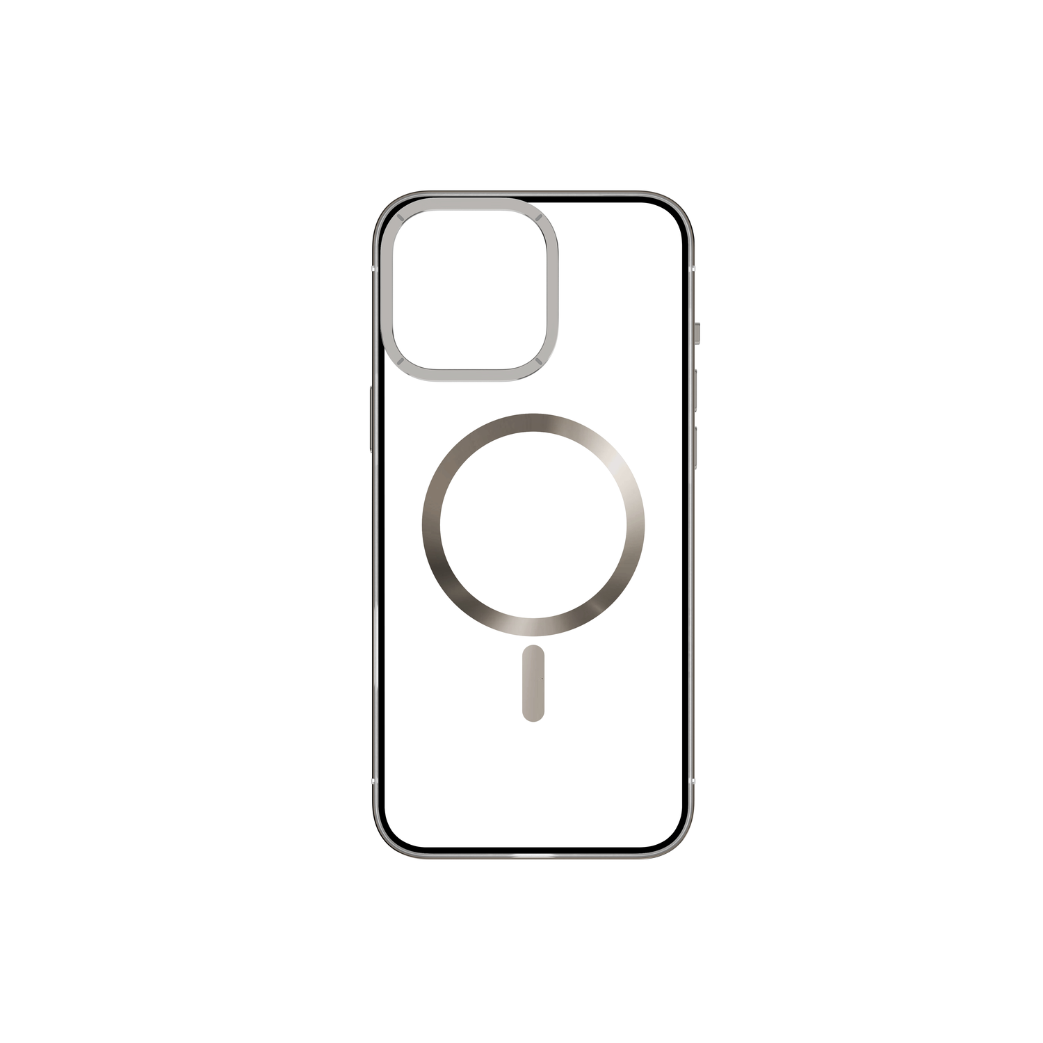 Clear phone case with a magnetic circle. Apple logo visible, white background, silver frame.