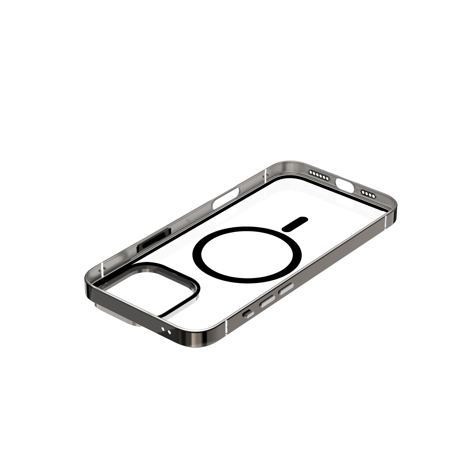 Clear phone case with silver frame, black circle design, angled view. White background.
