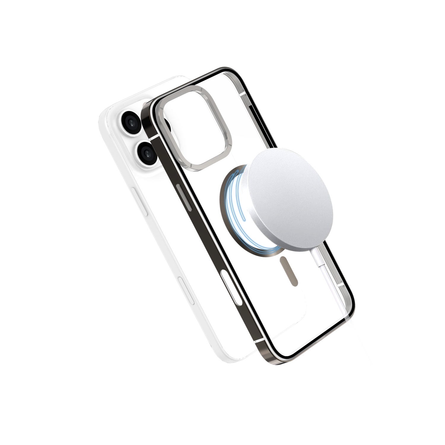 A white iPhone with a clear case and a white MagSafe charger.