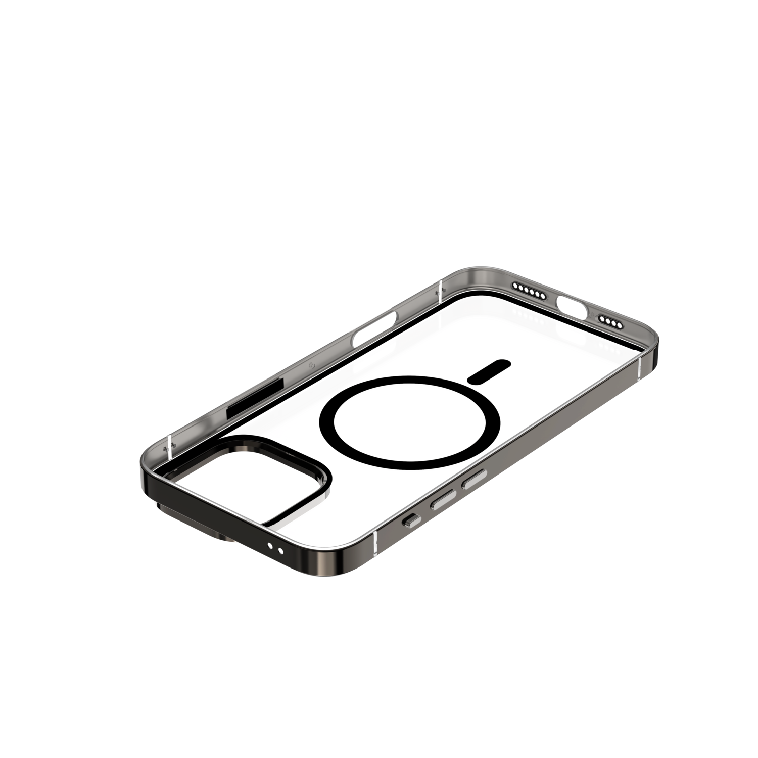 Silver and clear phone case with a black circular magnet, white background.
