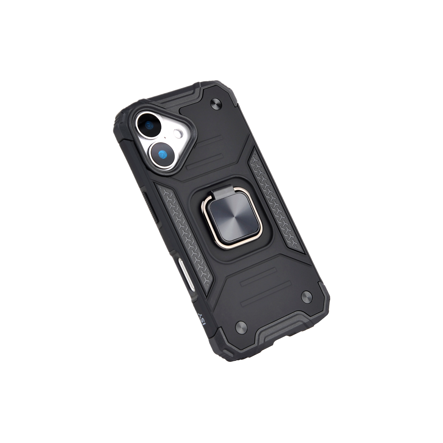 Zwarte telefoonhoes met een ringhouder, tegen een zwarte achtergrond. De hoes heeft een robuust, getextureerd ontwerp.