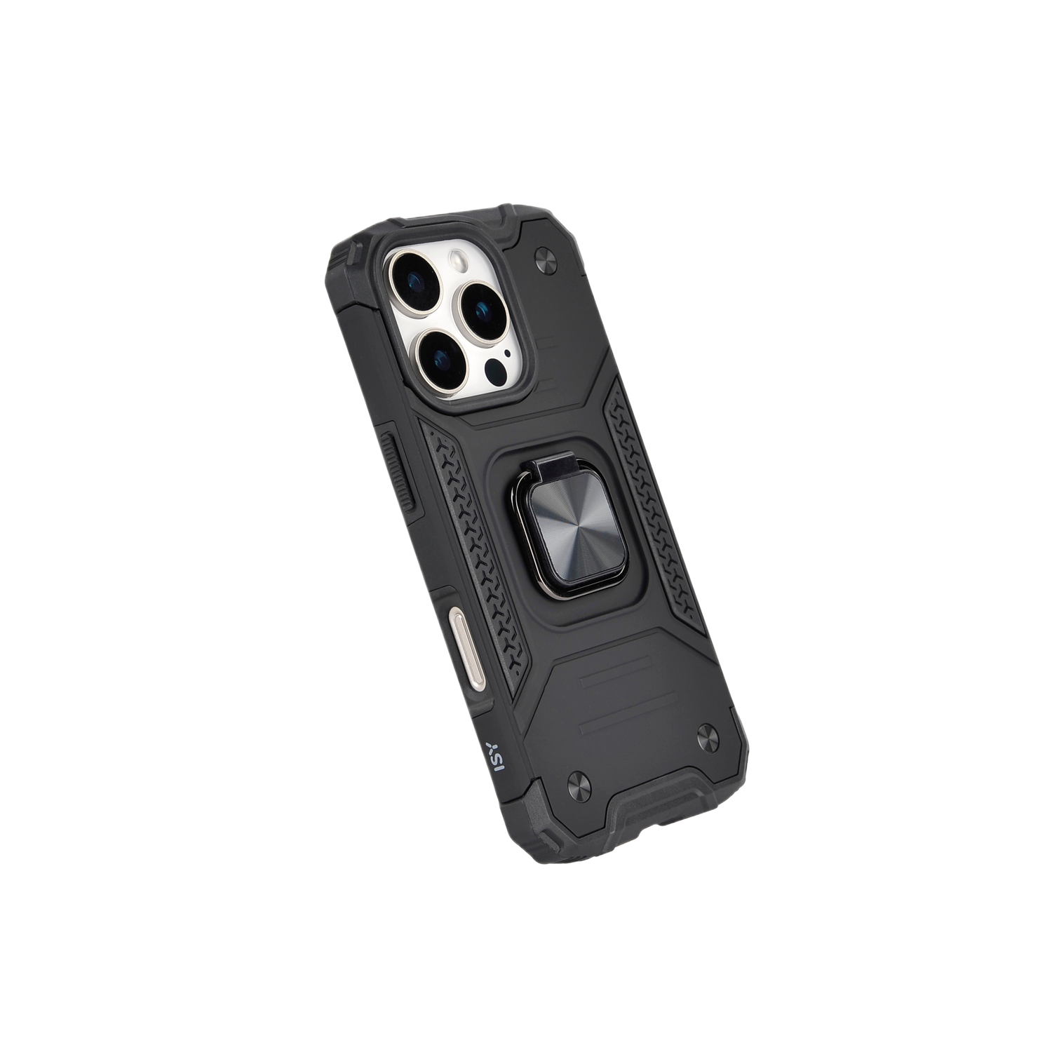 Zwarte telefoonhoes met een ringhouder. Vier camera-uitsparingen aan de achterkant.