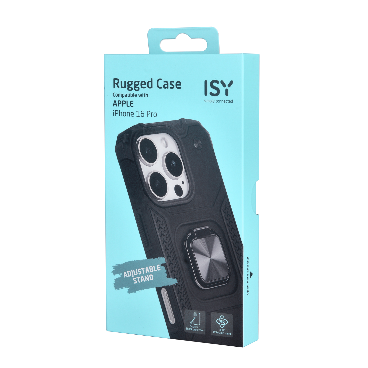 Telefoonhoes in doos voor iPhone 15 Pro, zwart met standaard. Merk ISY.
