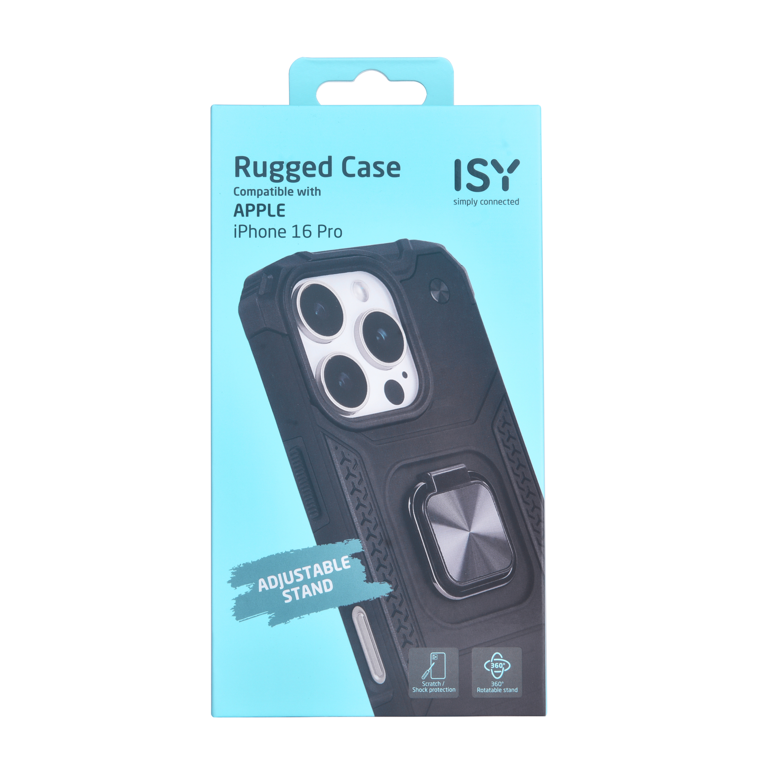 Een robuuste hoes voor een iPhone 16 Pro. Het zit in een doos met het merk ISY en heeft een verstelbare standaard.