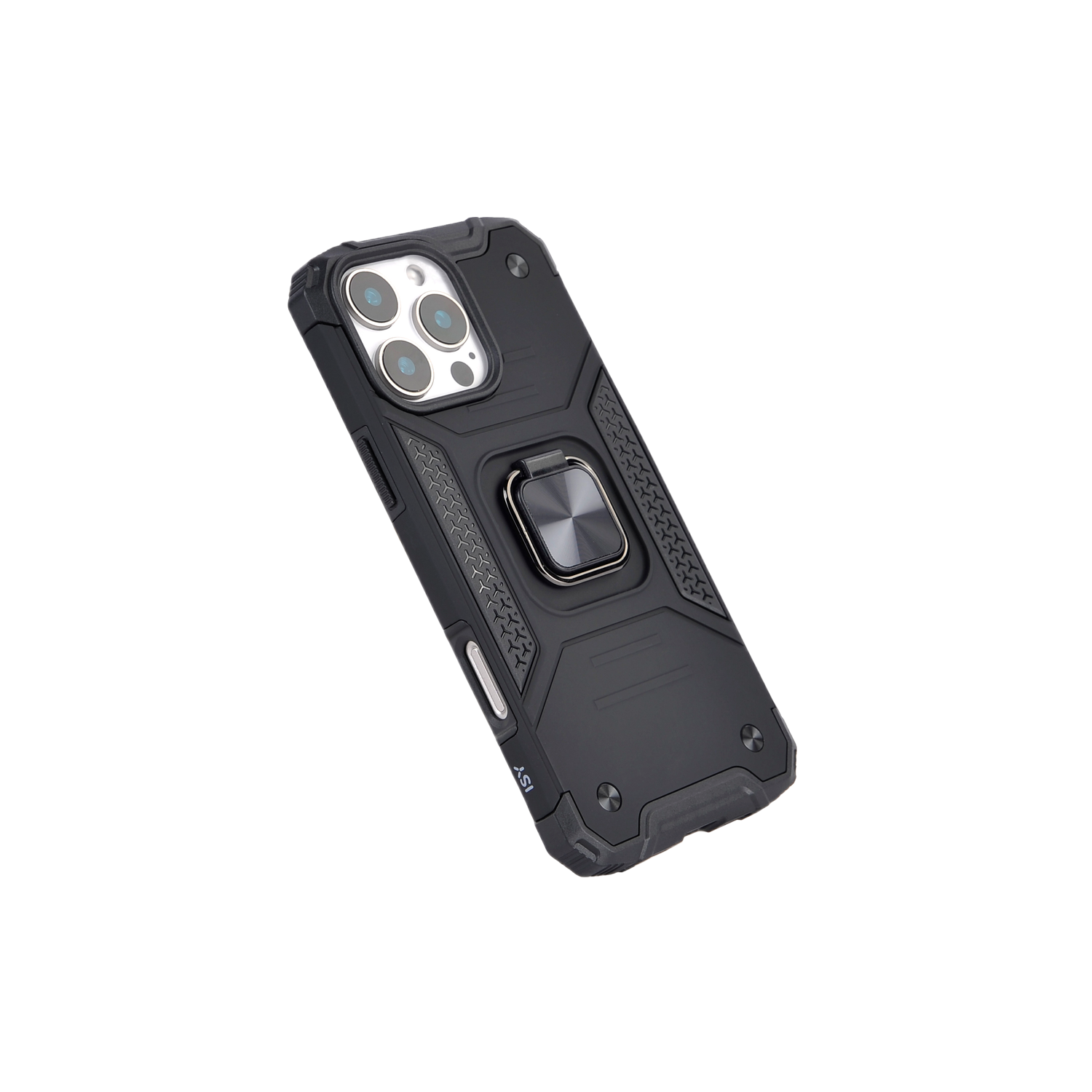 Zwarte telefoonhoes met een ringhouder. Het heeft een robuust ontwerp en staat op een zwarte achtergrond.