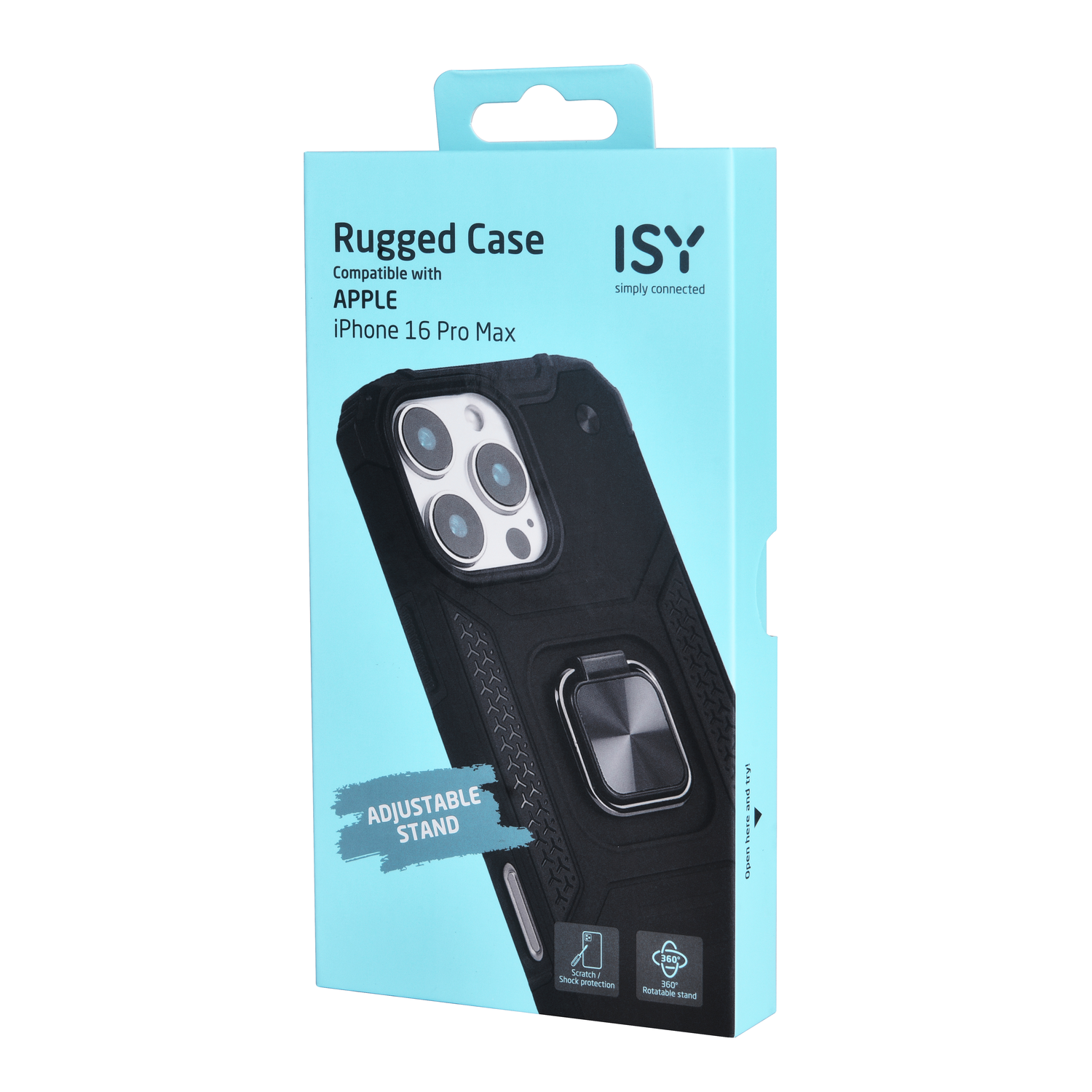 Een telefoonhoesje in een doos. Het is zwart met een zilveren ring en een blauw-witte doos.