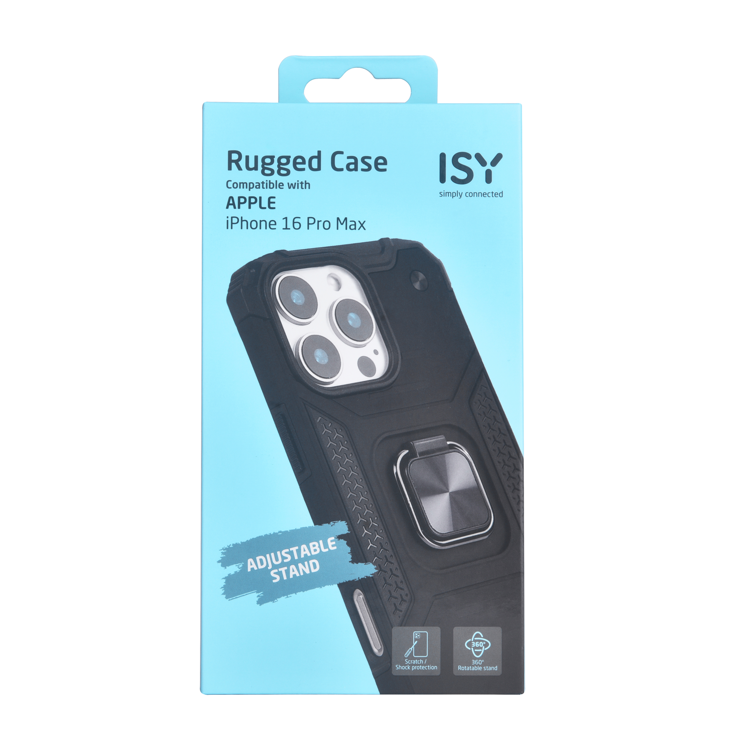 Zwarte telefoonhoes met ringhouder, in blauw-witte doos, voor iPhone 15 Pro Max.