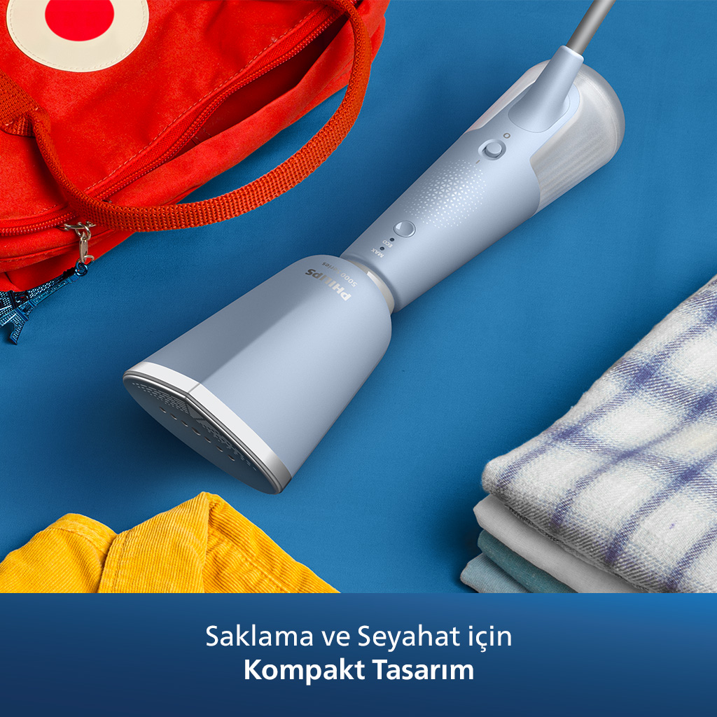 Mavi yüzeyde mavi ve gri giysi vapuru. Arka planda giysiler ve çanta.