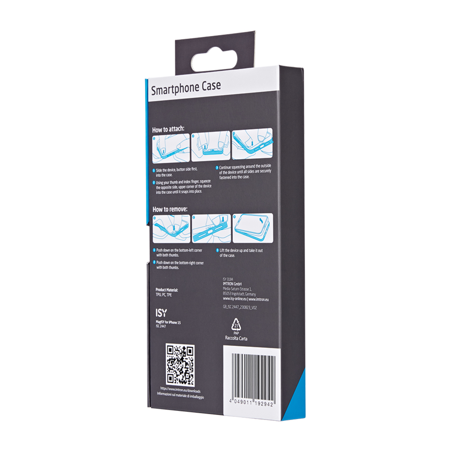 Een smartphonehoesverpakking met instructies en een barcode.