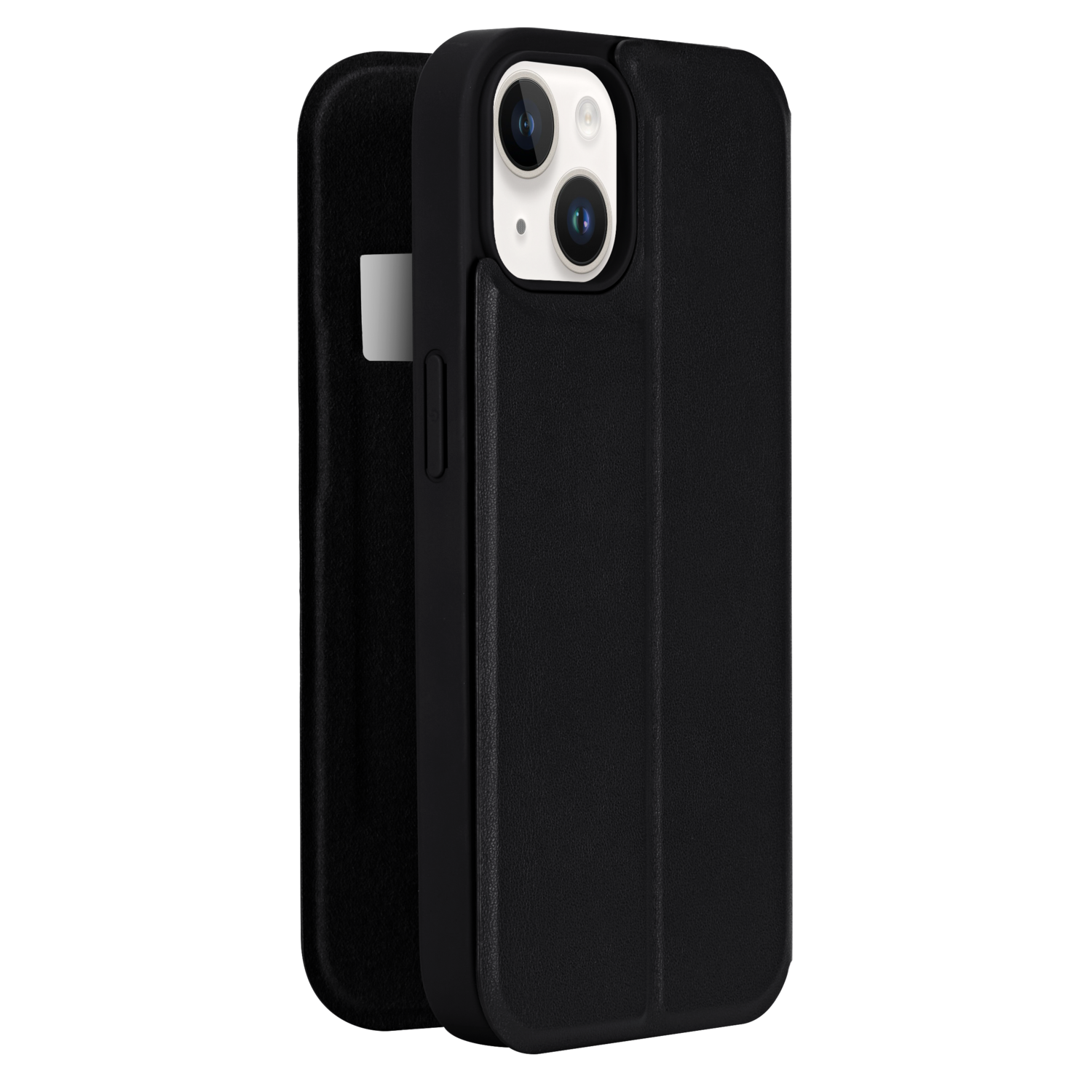 Zwarte iPhone 14 case met een voorklep. De cameralenzen zijn zichtbaar.