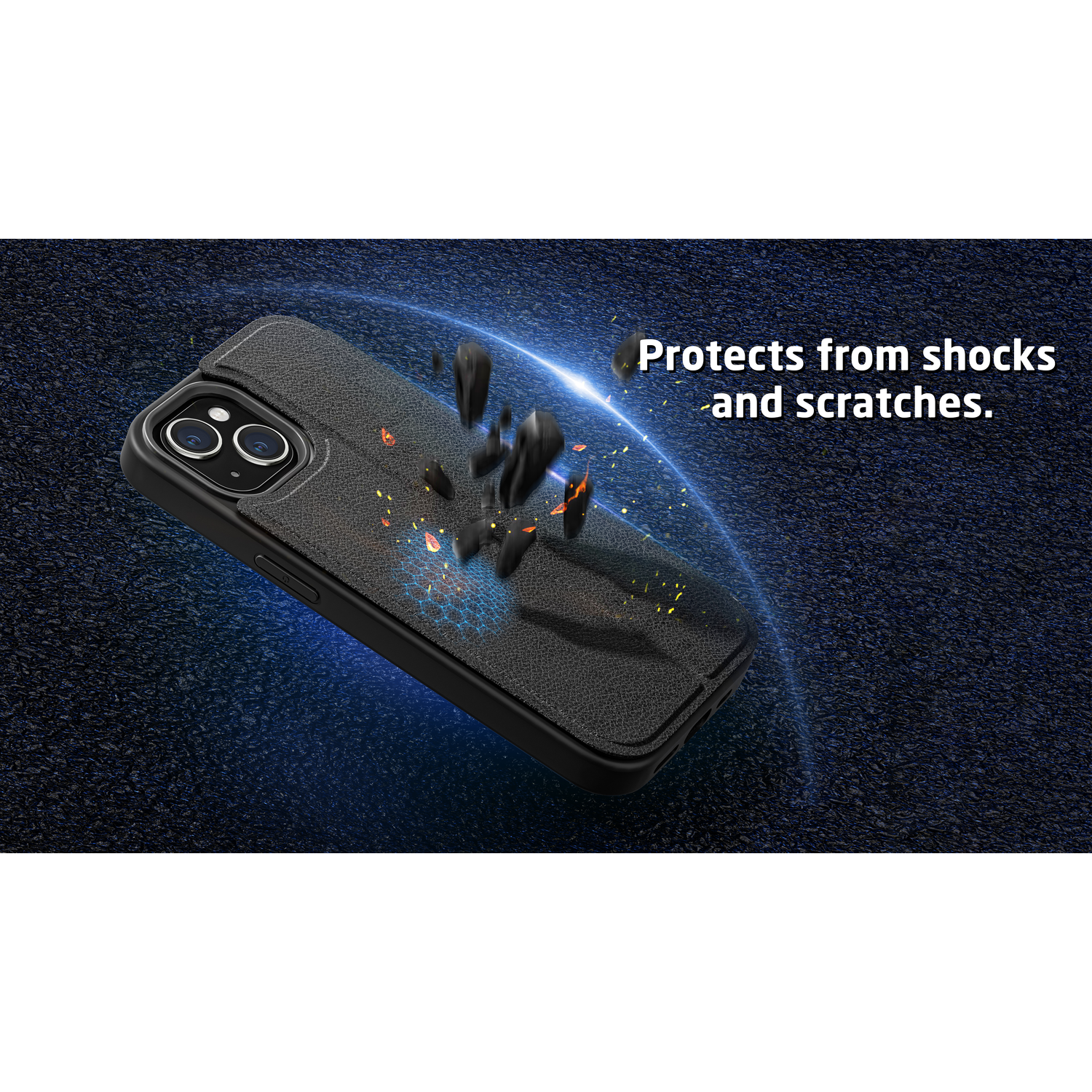 Zwarte telefoonhoes met een getextureerde achterkant, met een telefoon erin. Tekst: Beschermt tegen schokken.