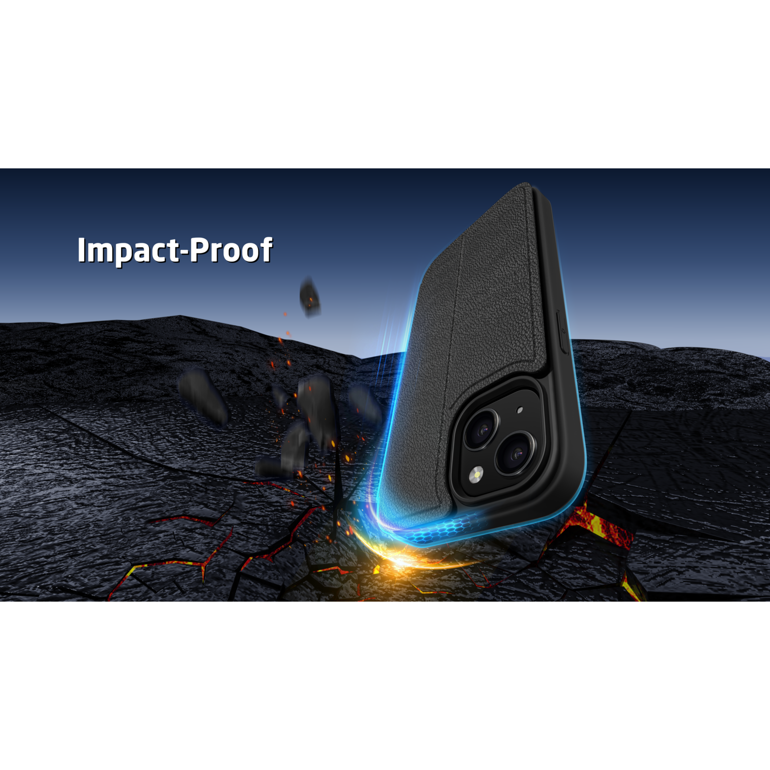 Zwarte telefoonhoes met het label "Impact-Proof" op een gebarsten oppervlak.