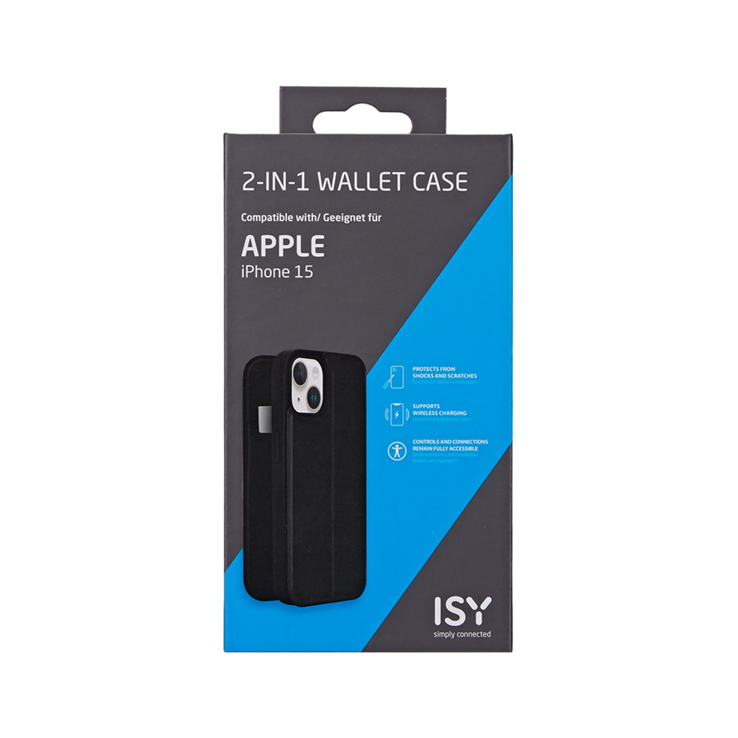 Zwarte iPhone 15 portemonnee case in een doos met promotietekst.