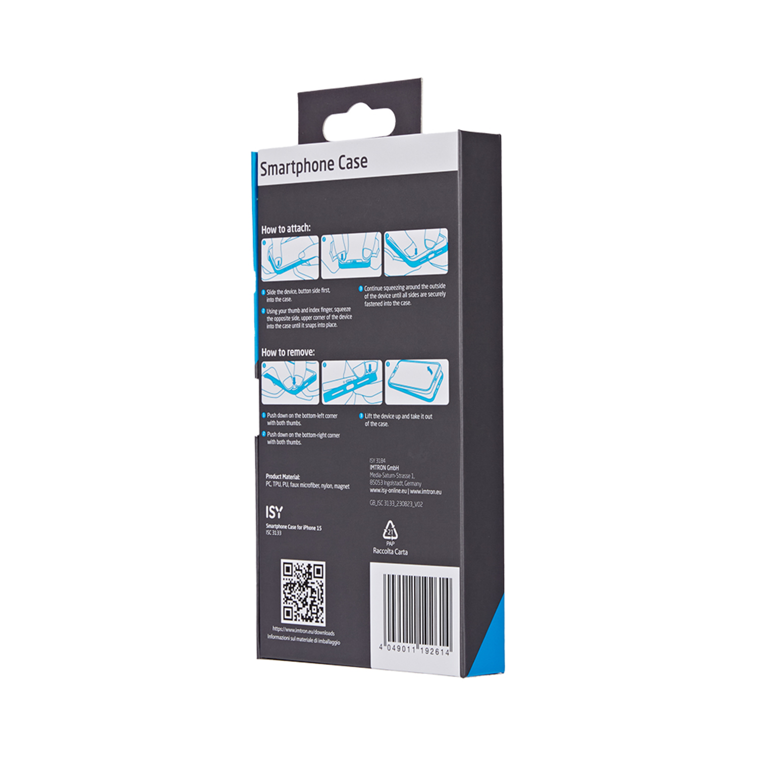Achterkant van een smartphone case doos met instructies en productdetails.