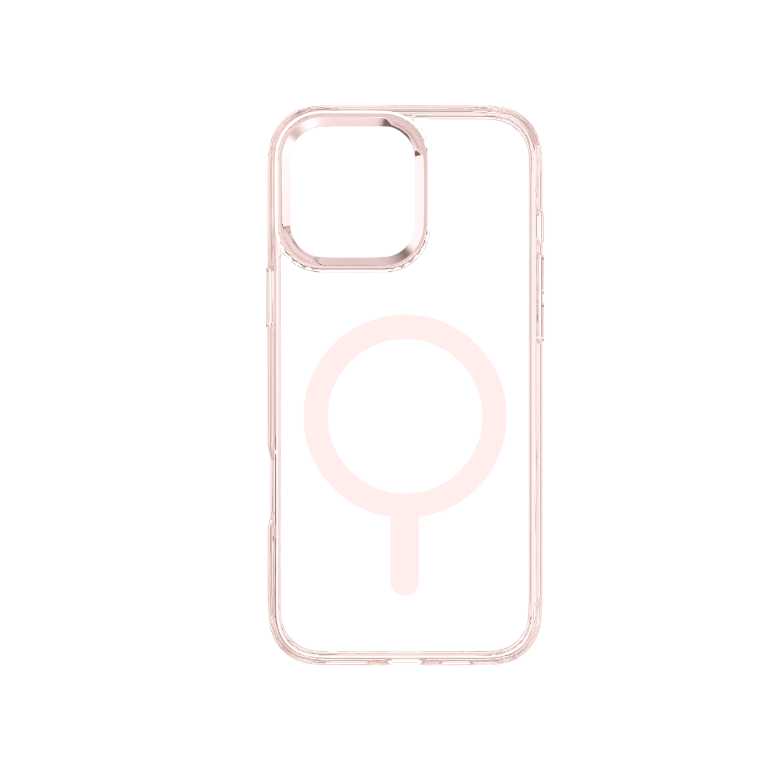 Transparante telefoonhoes met een roze MagSafe cirkel op een zwarte achtergrond.