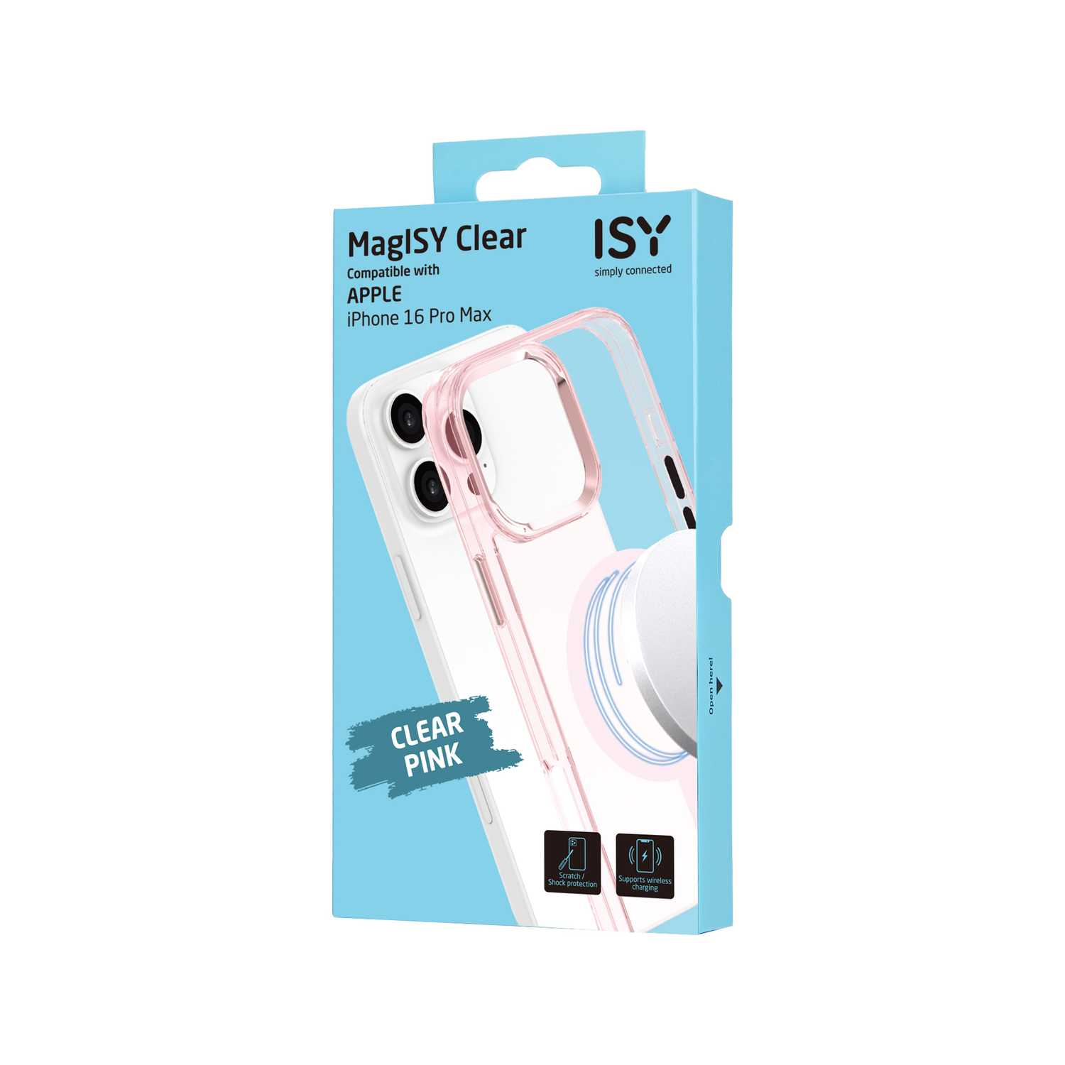 Een telefoonhoesje in een doos, roze hoesje met een witte telefoon erin, op een lichtblauwe achtergrond.