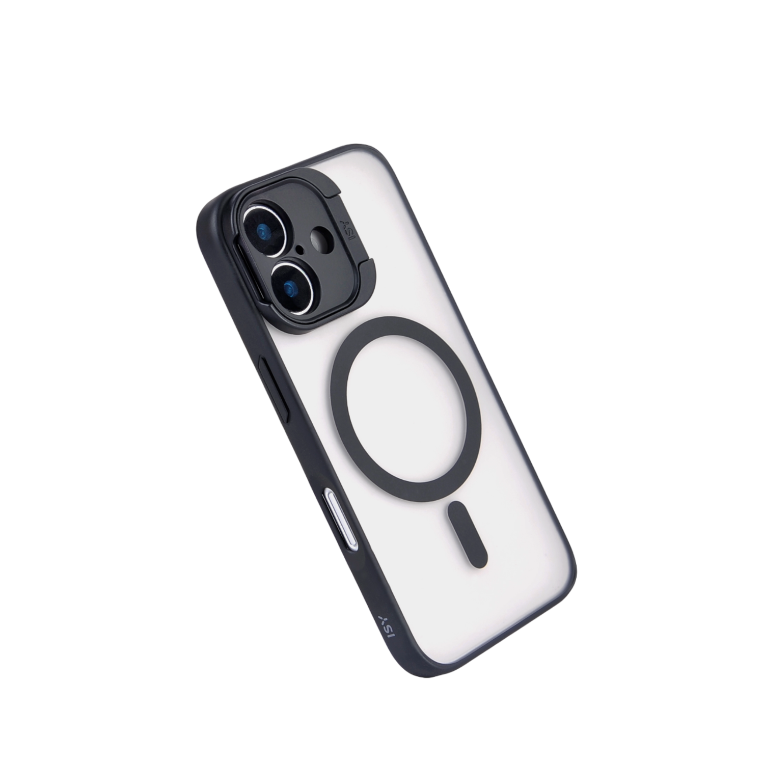 Zwarte en doorzichtige telefoonhoes met een MagSafe-ring en ISY-branding op zwarte achtergrond.