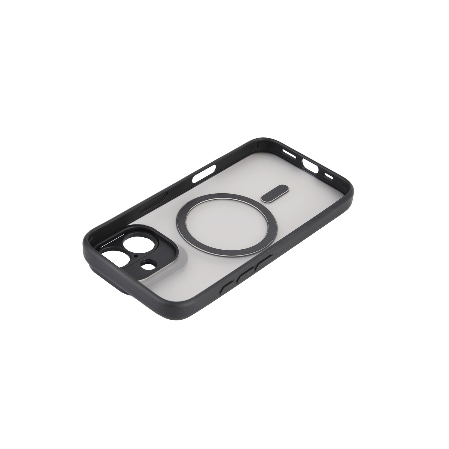 Een doorzichtig telefoonhoesje met een zwarte rand en een magnetische ring op een witte achtergrond.