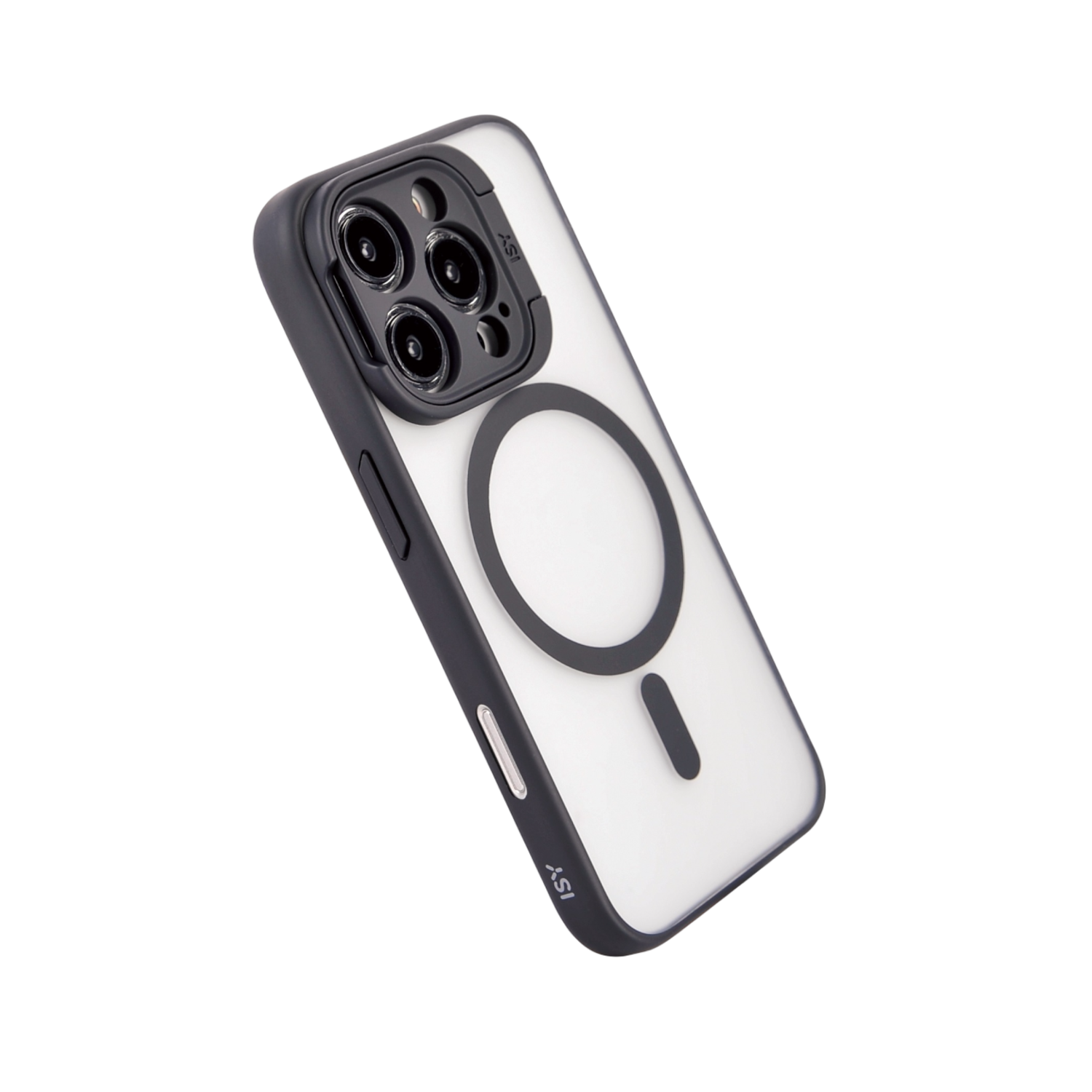 Een witte iPhone-hoes met zwarte rand, camera-uitsparingen en een magnetische ring.