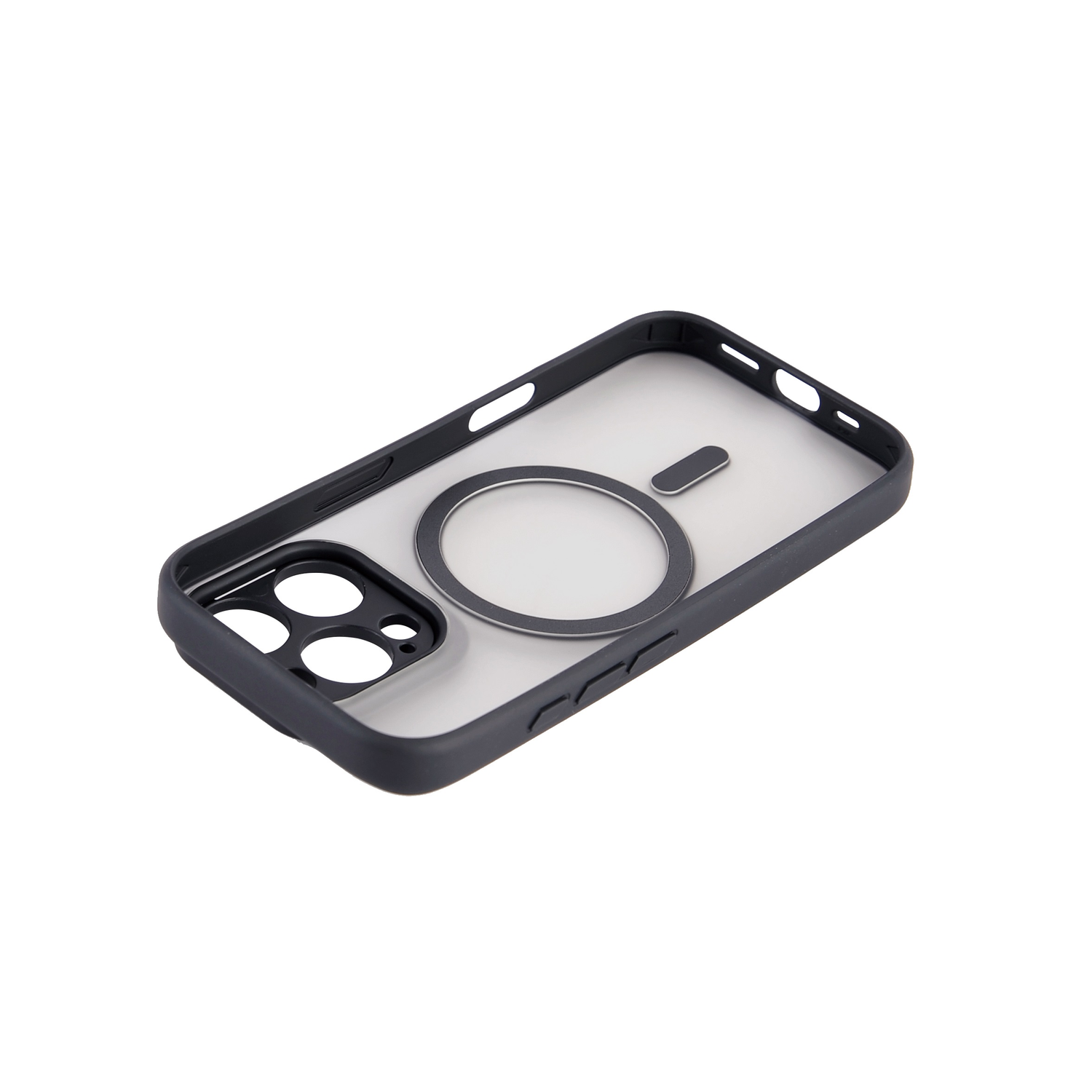Zwarte telefoonhoes met een doorzichtige achterkant en een ring voor MagSafe.