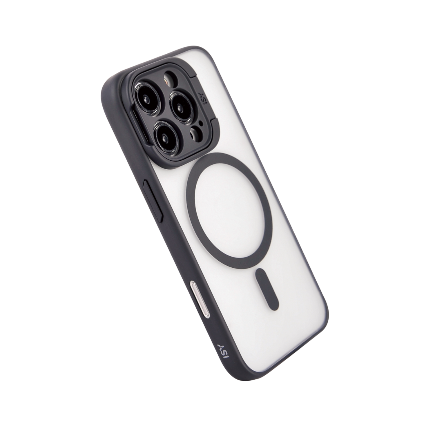 Zwarte en doorzichtige iPhone-hoes met MagSafe-cirkel en cameraring.