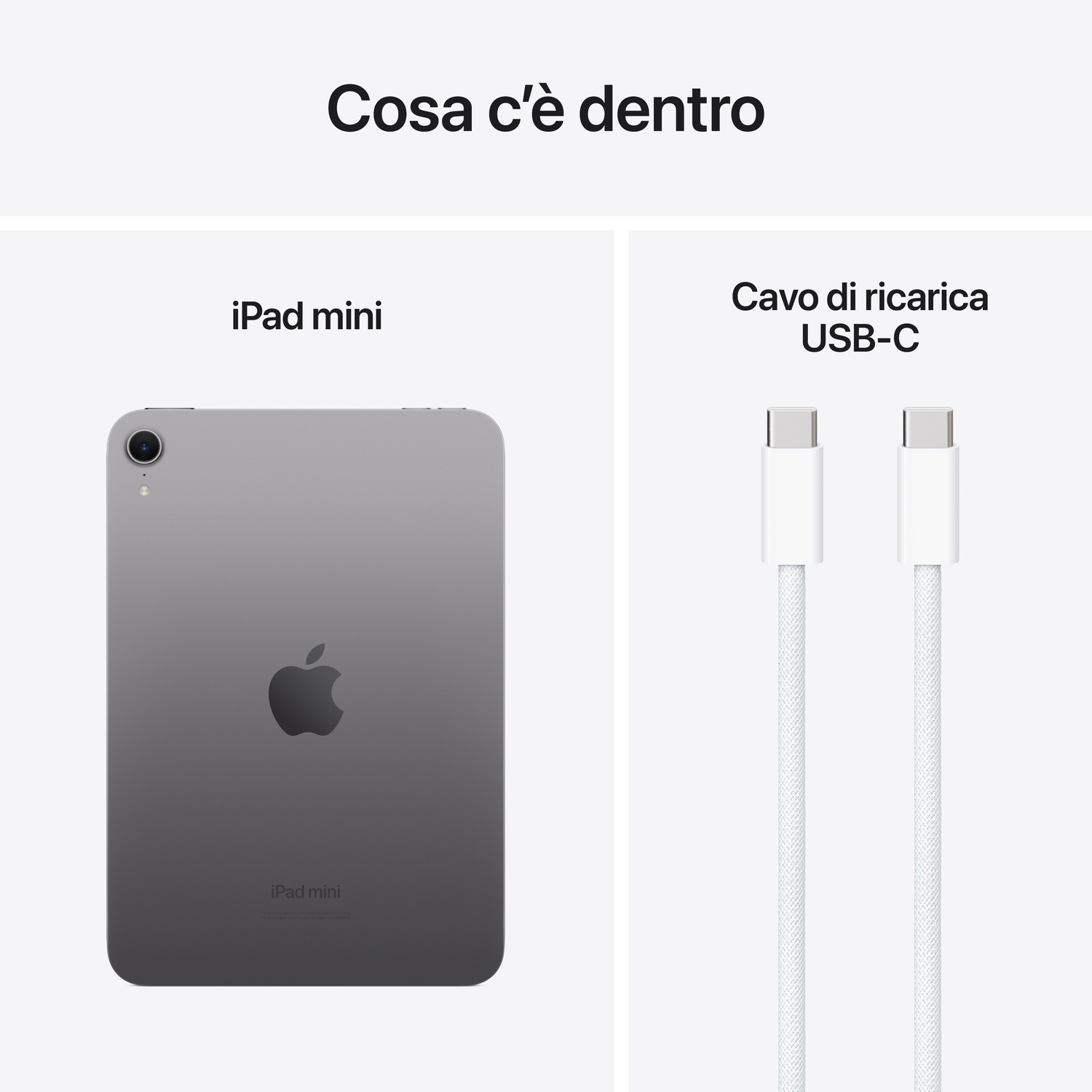 iPad mini e un cavo di ricarica USB-C, entrambi bianchi, su sfondo bianco.