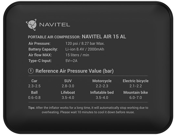 Fekete Navitel hordozható légkompresszor specifikációkkal: légnyomás, akkumulátor kapacitás stb.
