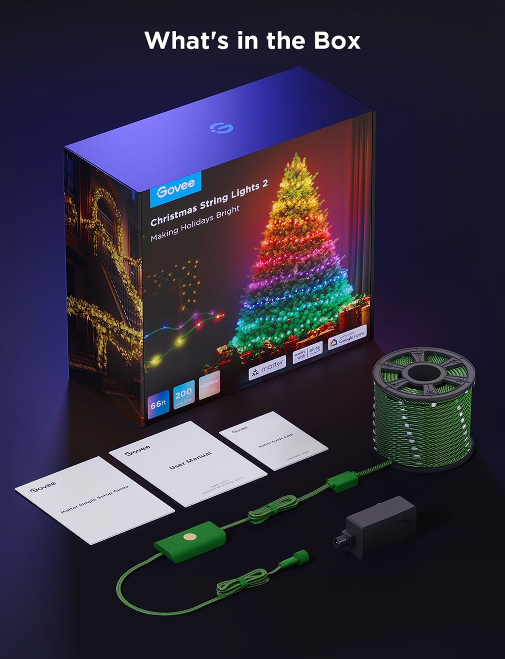 Kutu, karanlık bir yüzey üzerinde Noel ışıkları ve aksesuarlar içeriyor.