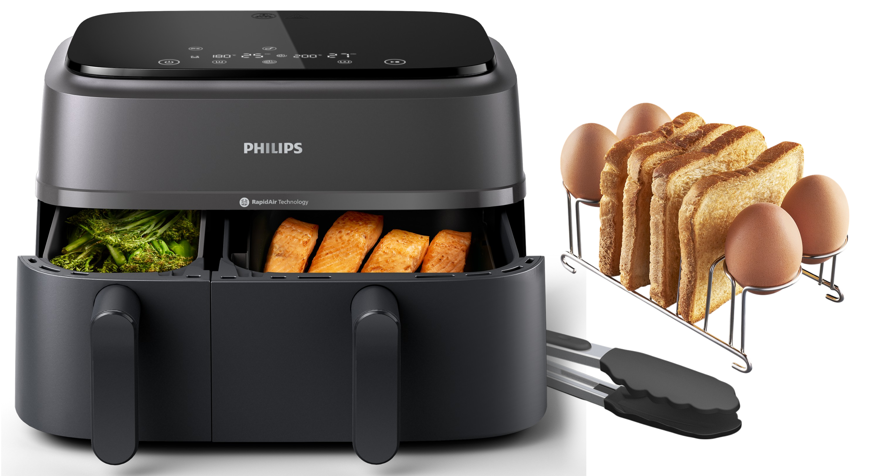Schwarze Philips Heißluftfritteuse mit Lebensmittelbehältern, Eiern, Toast und Zangen.