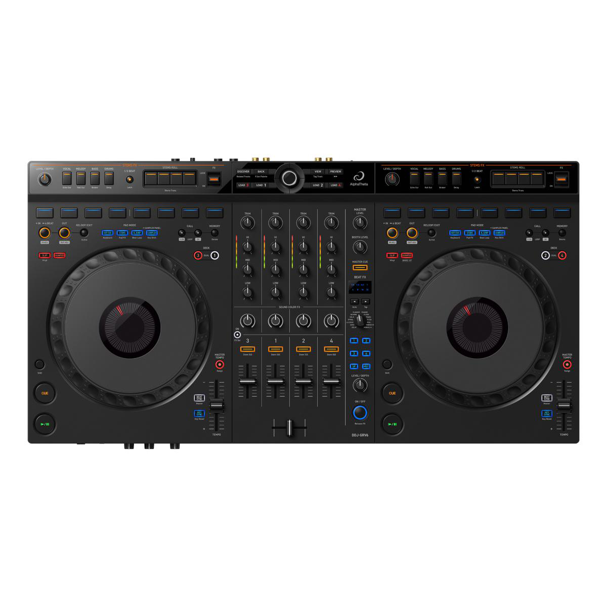 Schwarzer DJ-Controller mit zwei Plattenspielern und Bedienfeld.