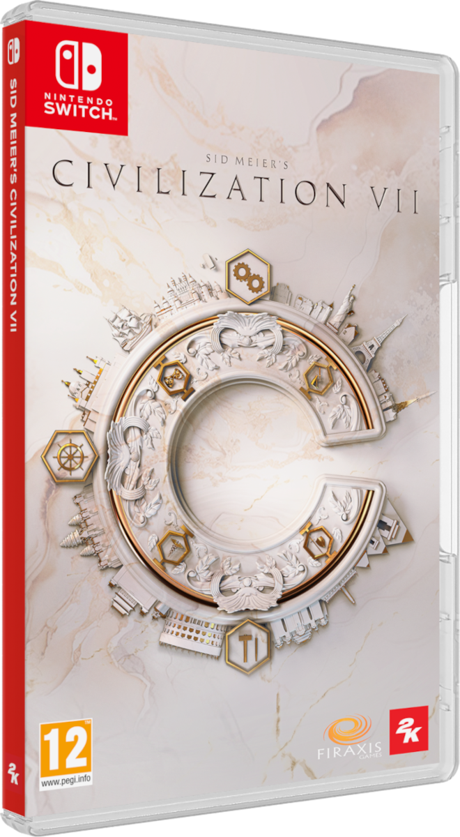 Nintendo Switch játékdoboz. A borító a Civilization VII játék logóját mutatja arany díszítéssel, fehér háttérrel.