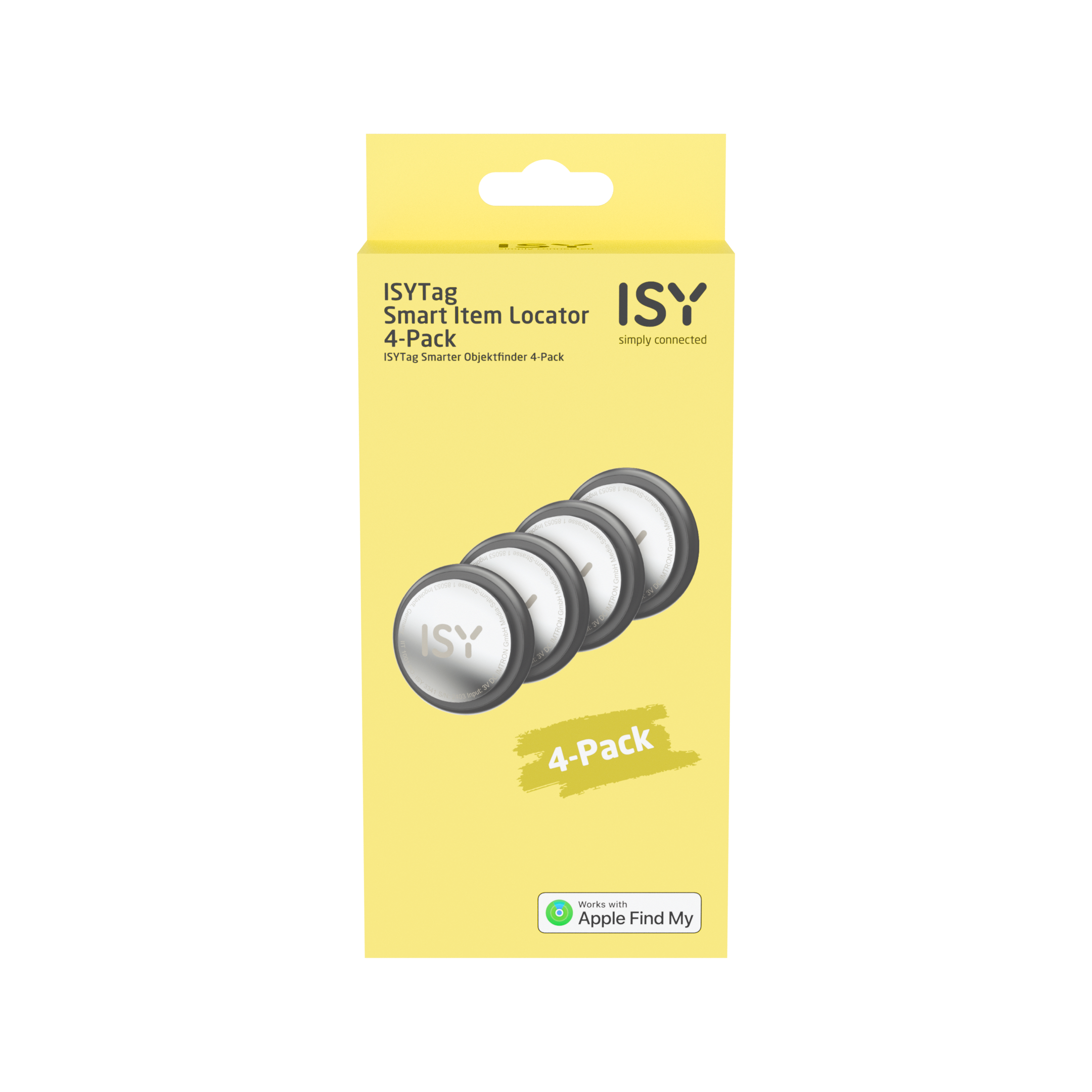 ISYTag Smart Item Locator 4er-Pack in gelber Box. Vier weiße Ortungsgeräte.