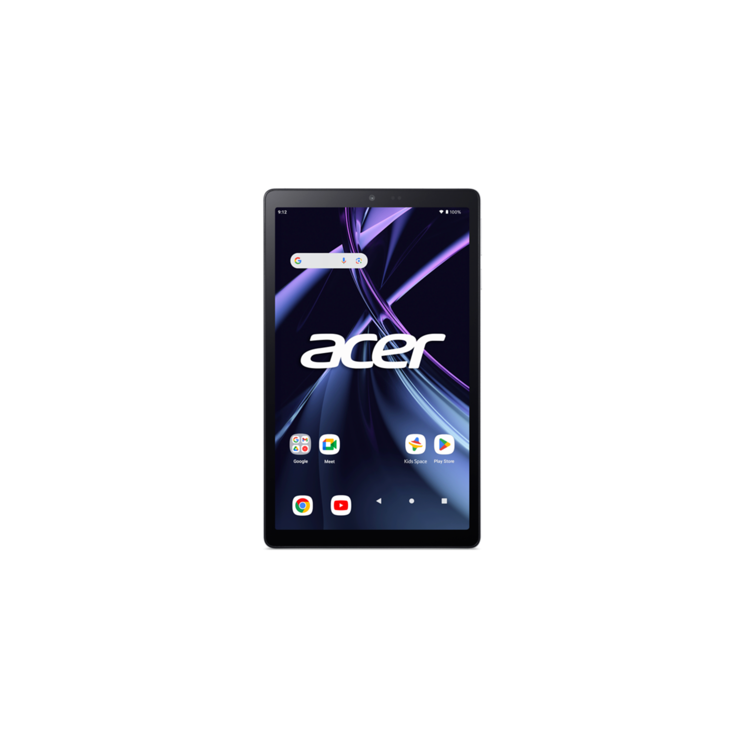 Acer-tablet met het Acer-logo op het scherm. Zwarte achtergrond.