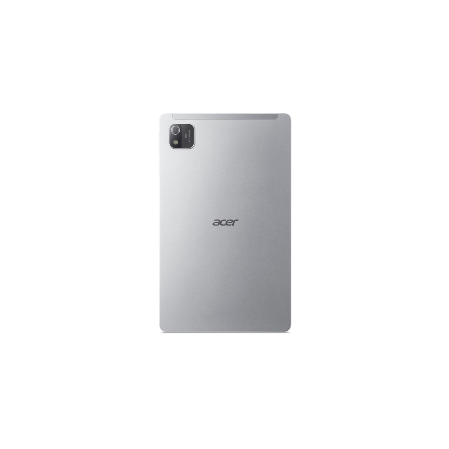 Een zilveren tablet met een Acer-logo op de achterkant.
