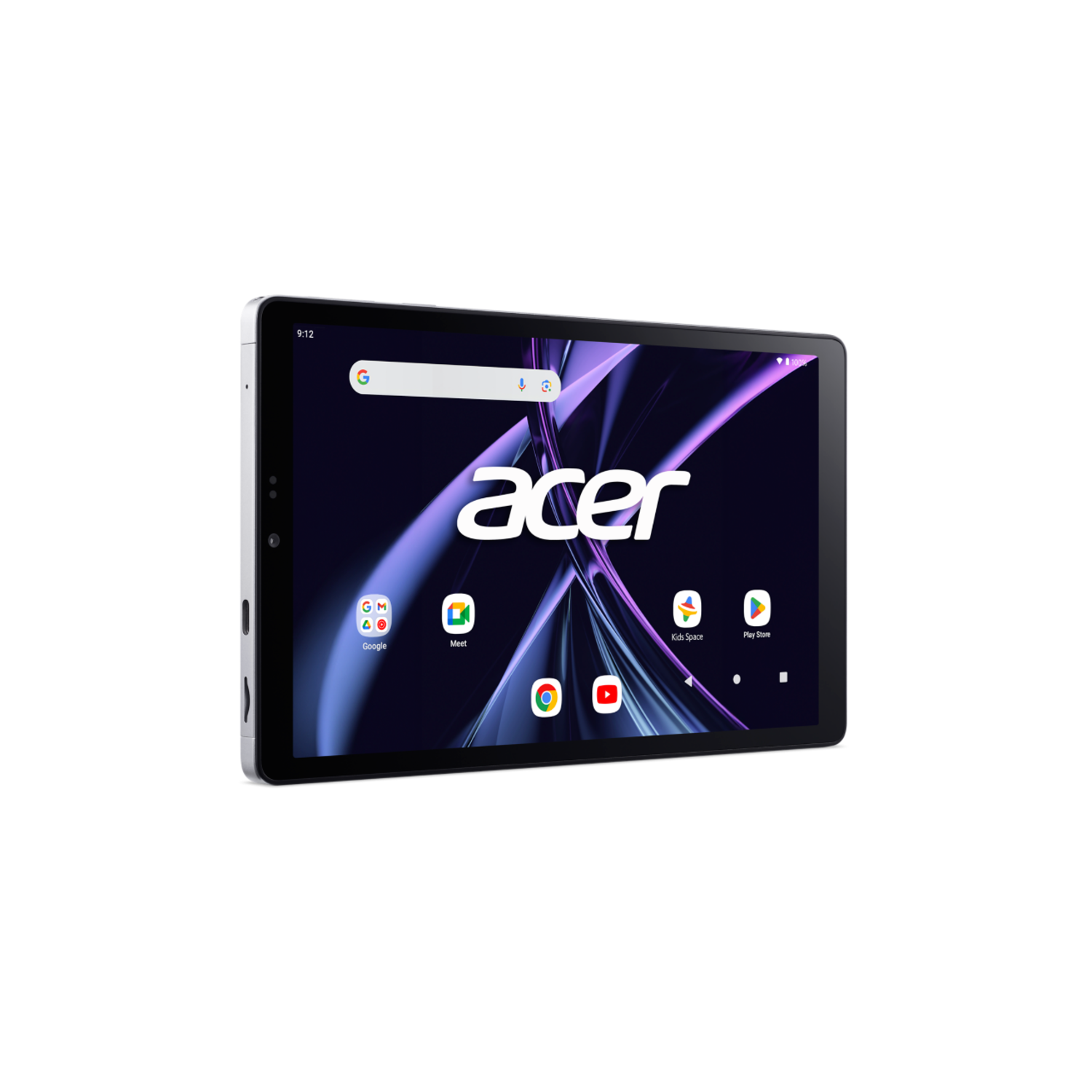Een Acer-tablet, met een website. Het scherm toont het Acer-logo en de Google-zoekbalk.