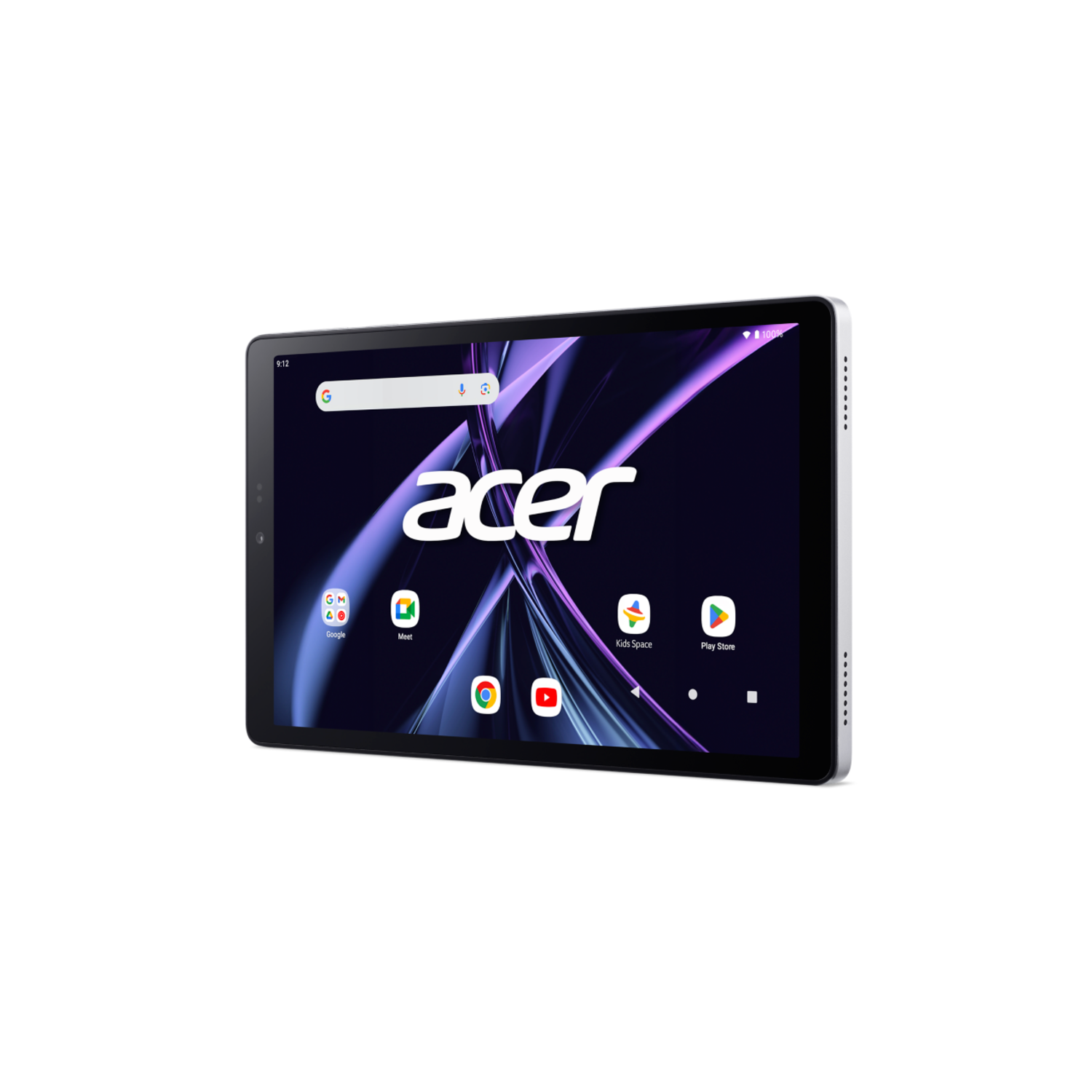 Acer tablet met zwart scherm, toont app-iconen.