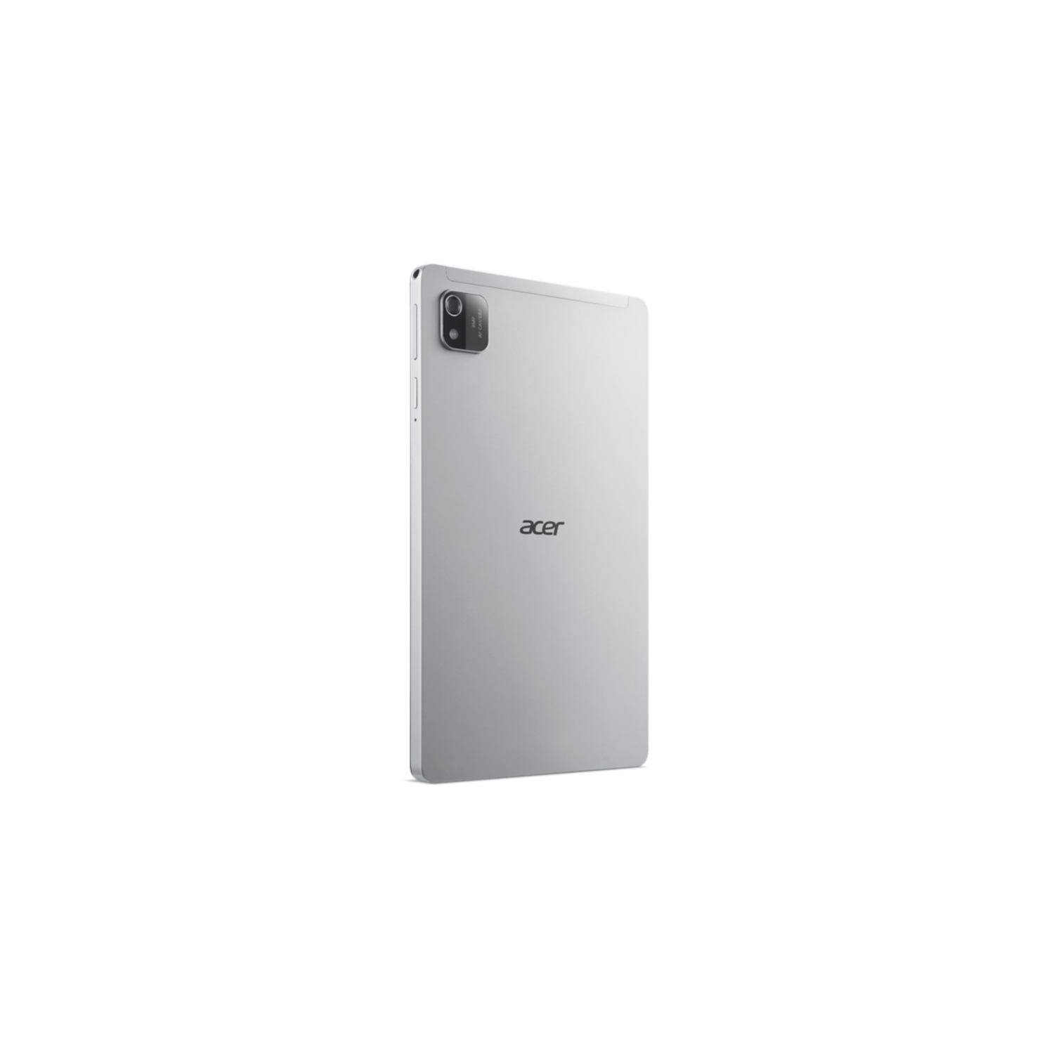 Zilveren tablet met Acer-logo op zwarte achtergrond, van achteren bekeken.