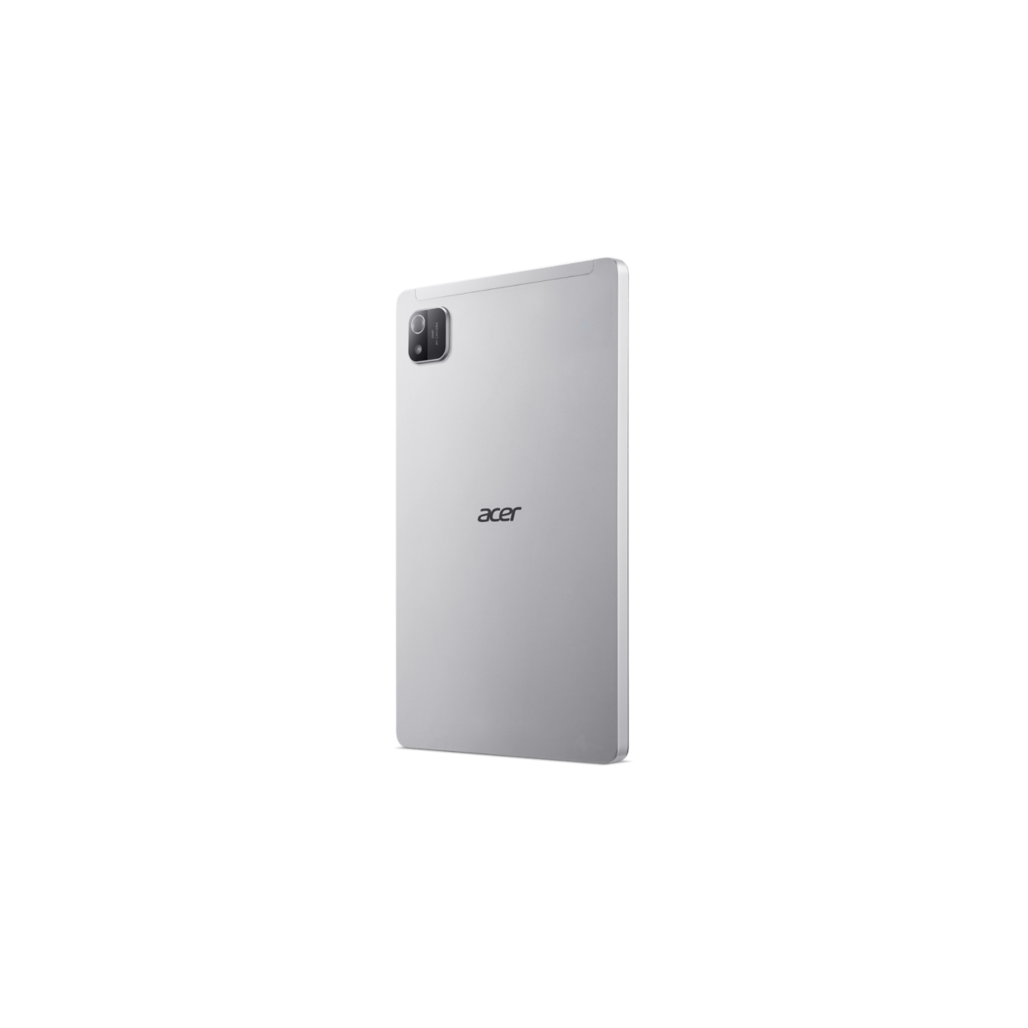 Een licht zilveren Acer-tablet, achteraanzicht, op een zwarte achtergrond, eenvoudig en strak.