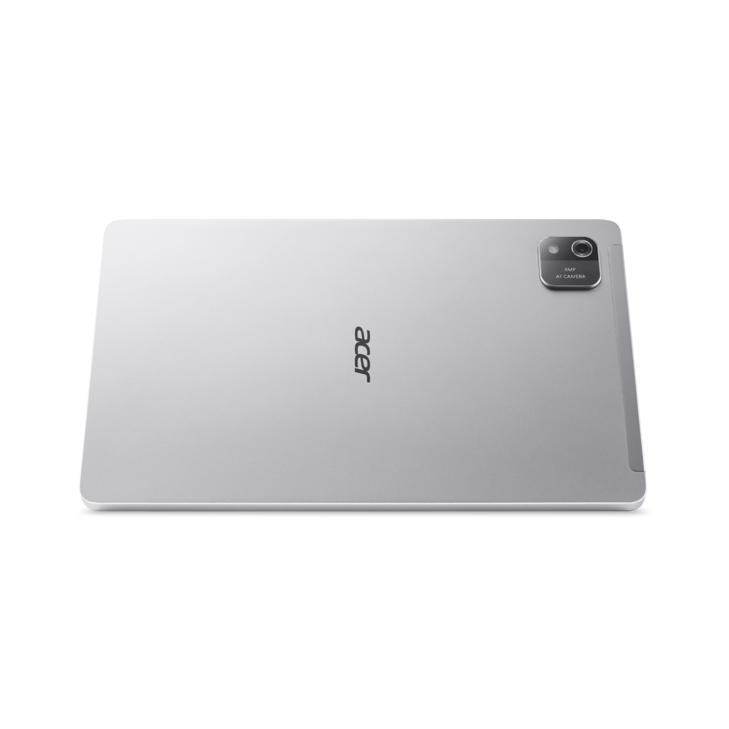 Zilveren Acer tablet achterkant. Het Acer logo is zichtbaar, en een camera zit bovenin.