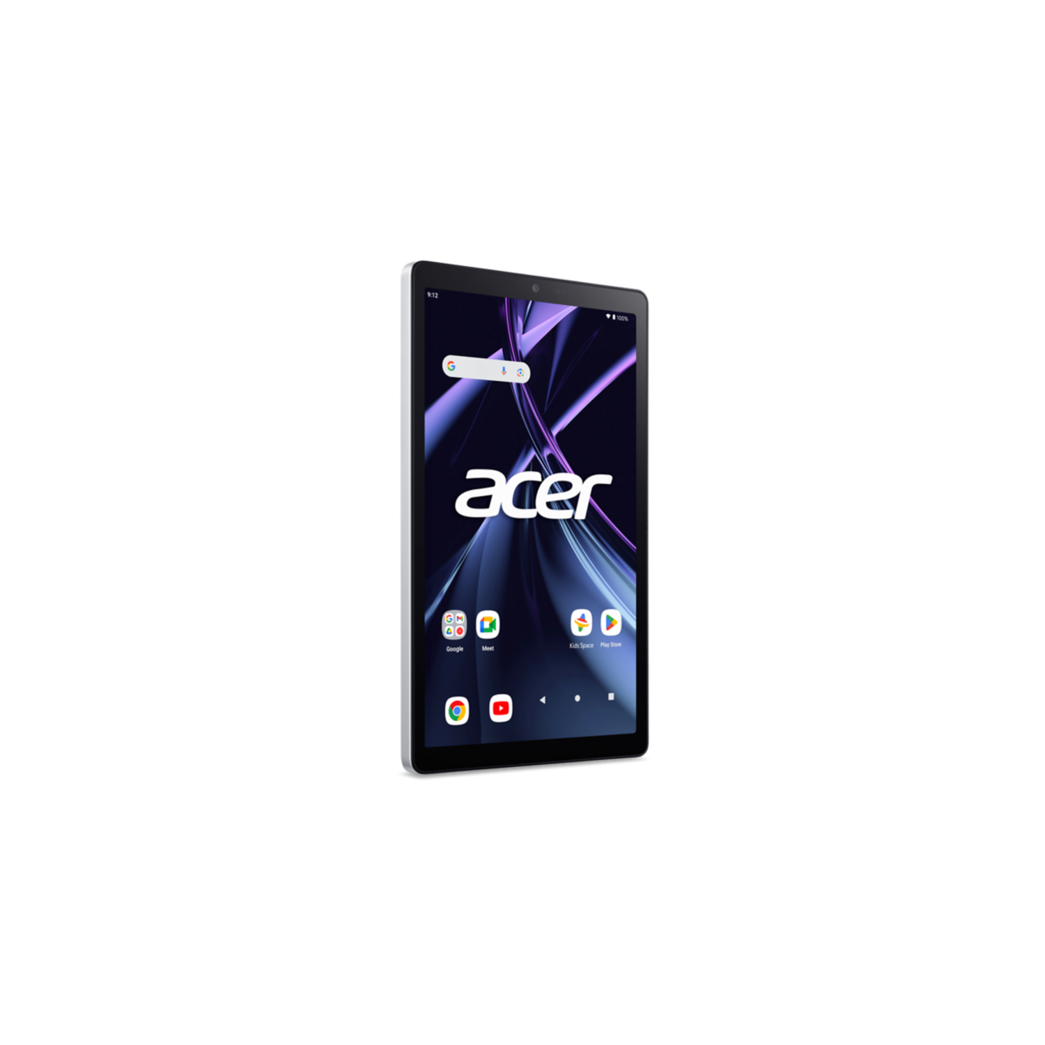 Acer tablet op zwarte achtergrond. Het scherm toont een startscherm met app-iconen.