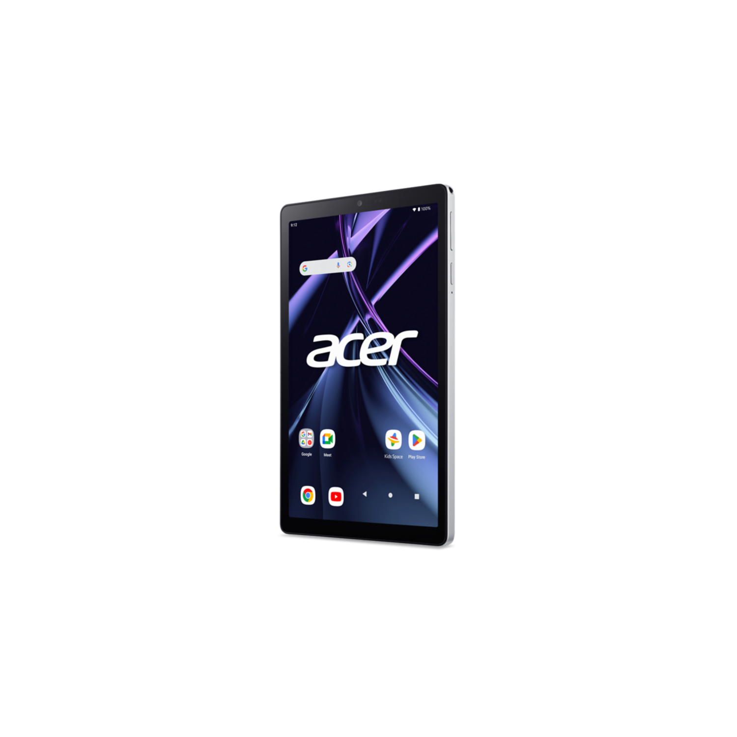 Acer tablet op een zwarte achtergrond. Het scherm staat aan en toont een startscherm. Het Acer-logo is zichtbaar.