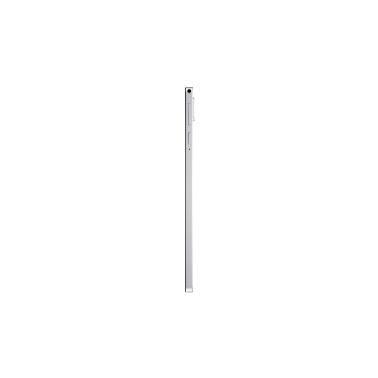 Een slanke, zilveren tablet, van de zijkant bekeken, tegen een zwarte achtergrond.