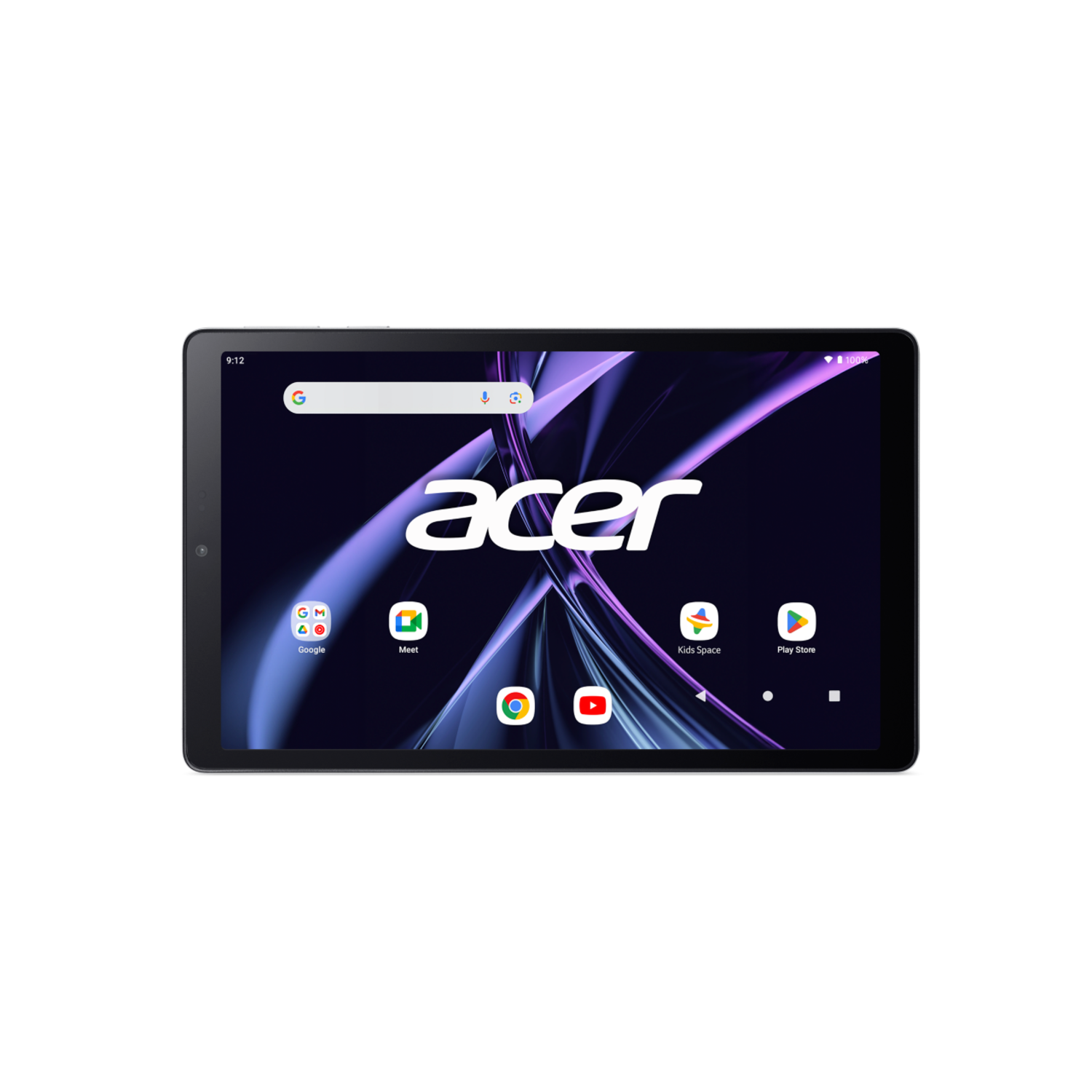 Zwarte Acer tablet met een scherm met iconen en een paarse achtergrond.